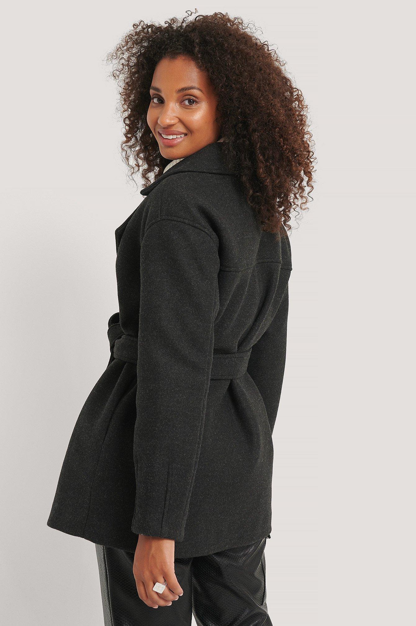 NA-KD Black Wool Blend Belted Short Coat - Lyst