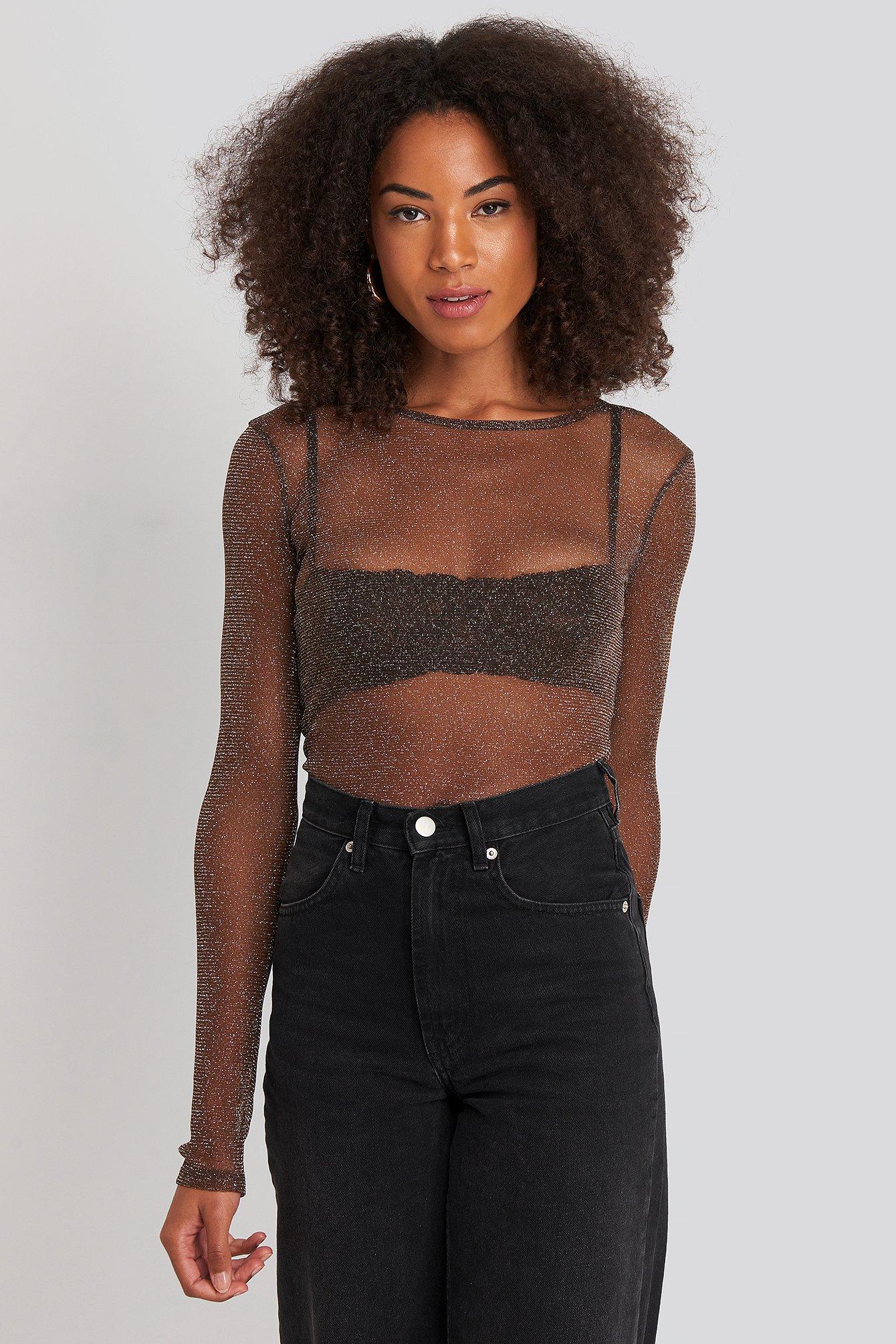 Brown Long Sleeve Glitter Mesh Top 