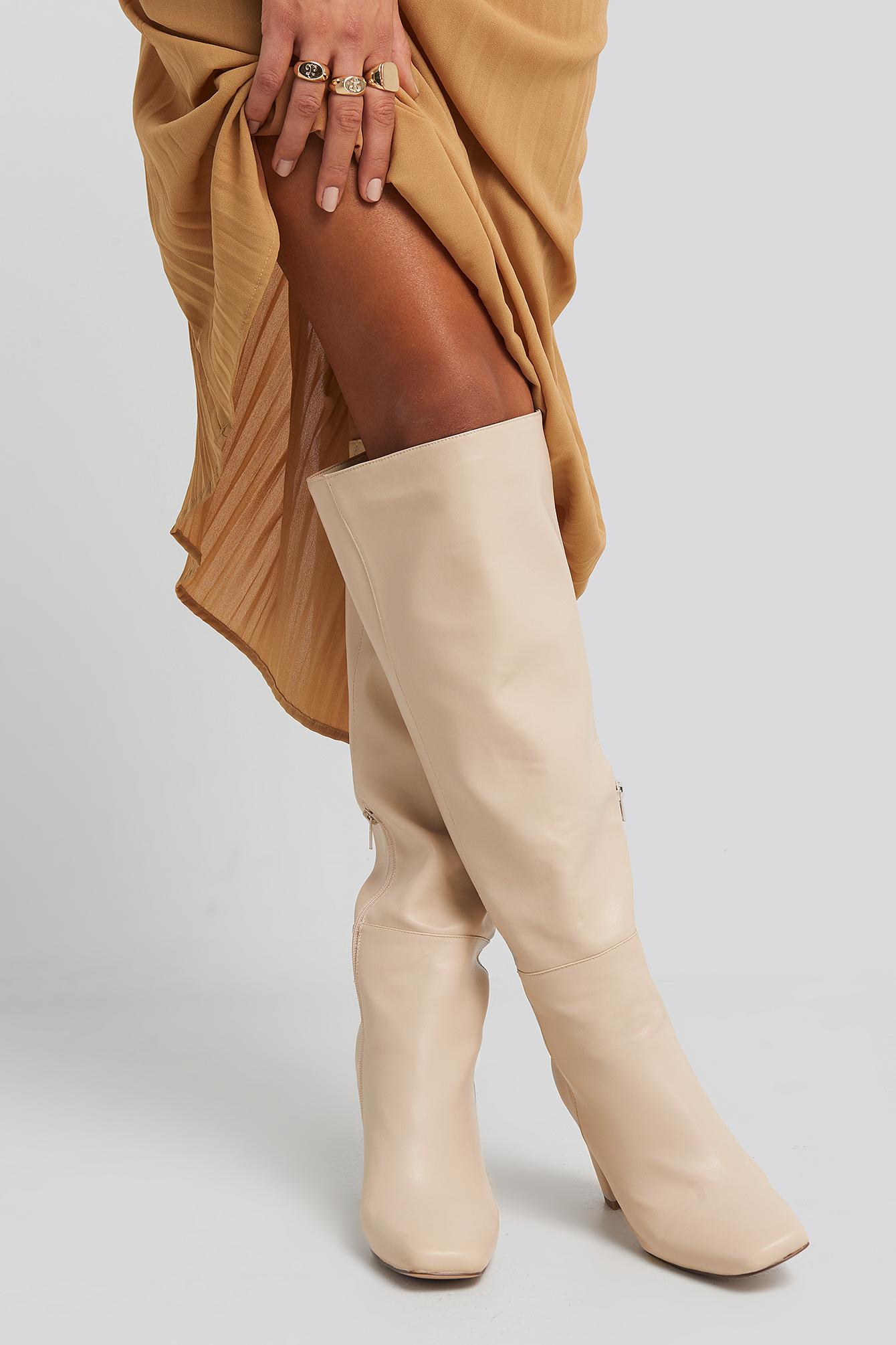 NA-KD Beige Straight Shaft Knee High Boots in Natural | Lyst