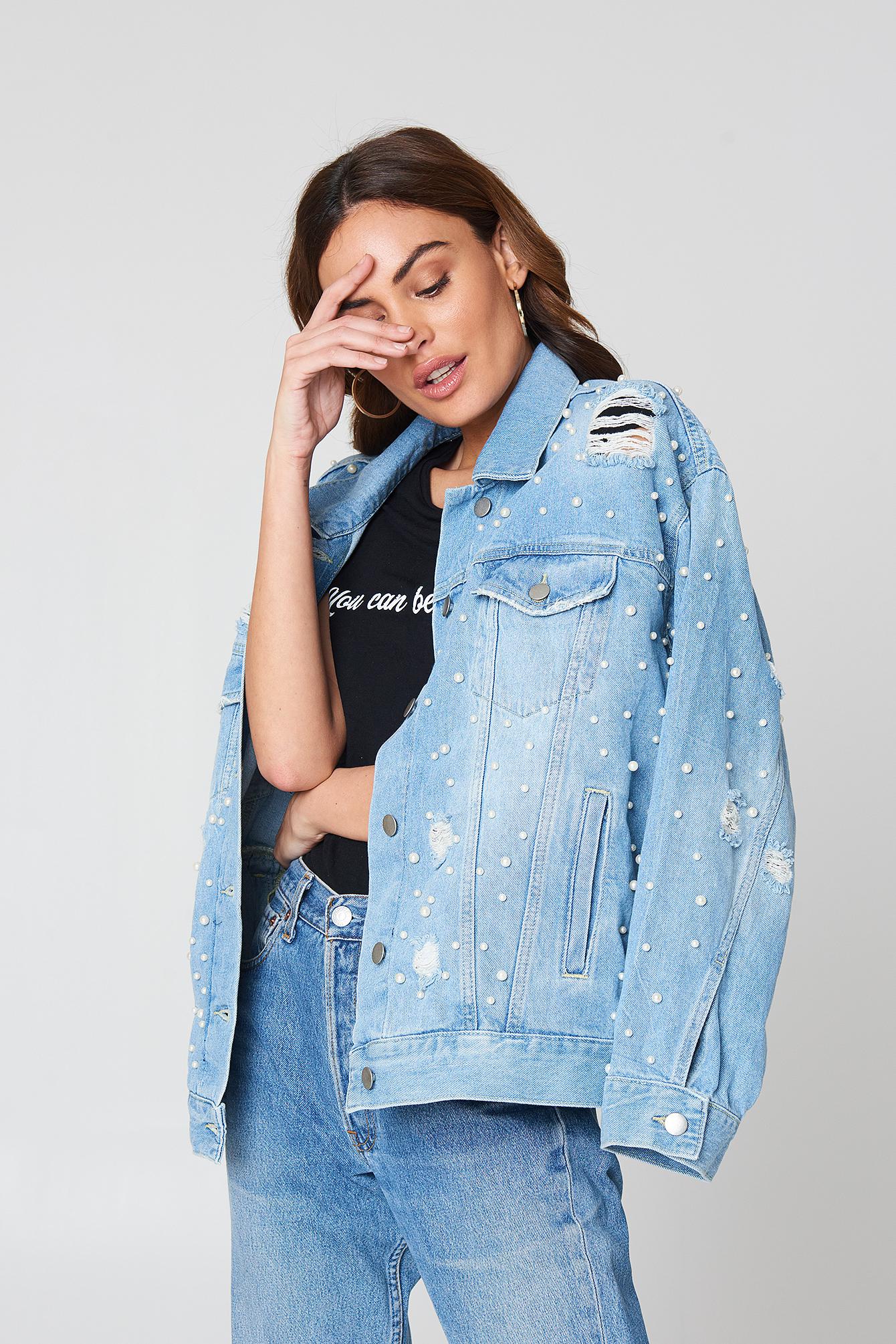 sunday funday blue oversized pearl denim jacket