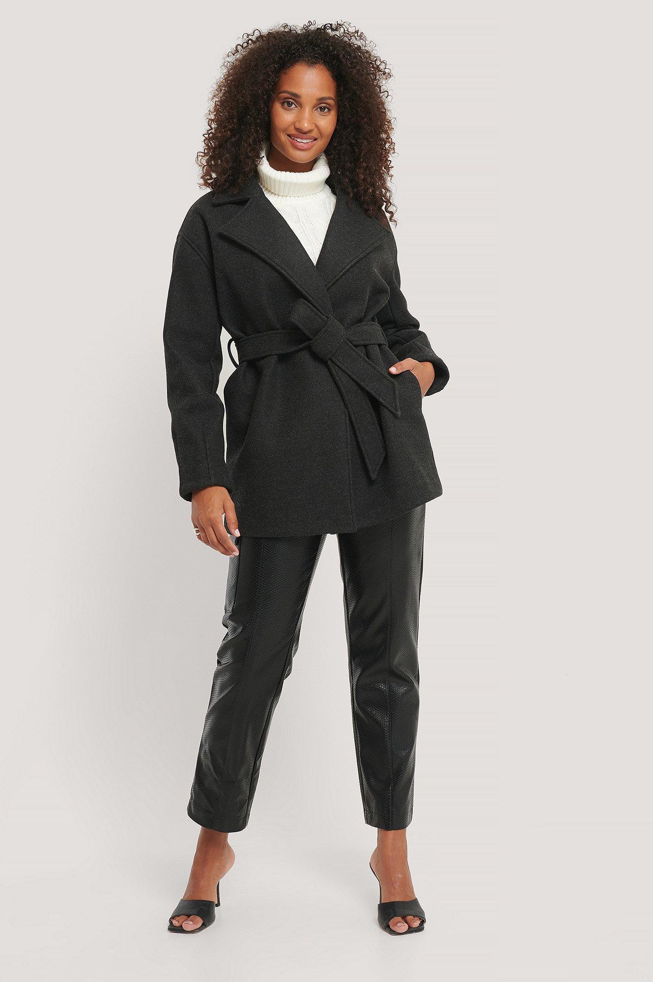 NA-KD Black Wool Blend Belted Short Coat | Lyst
