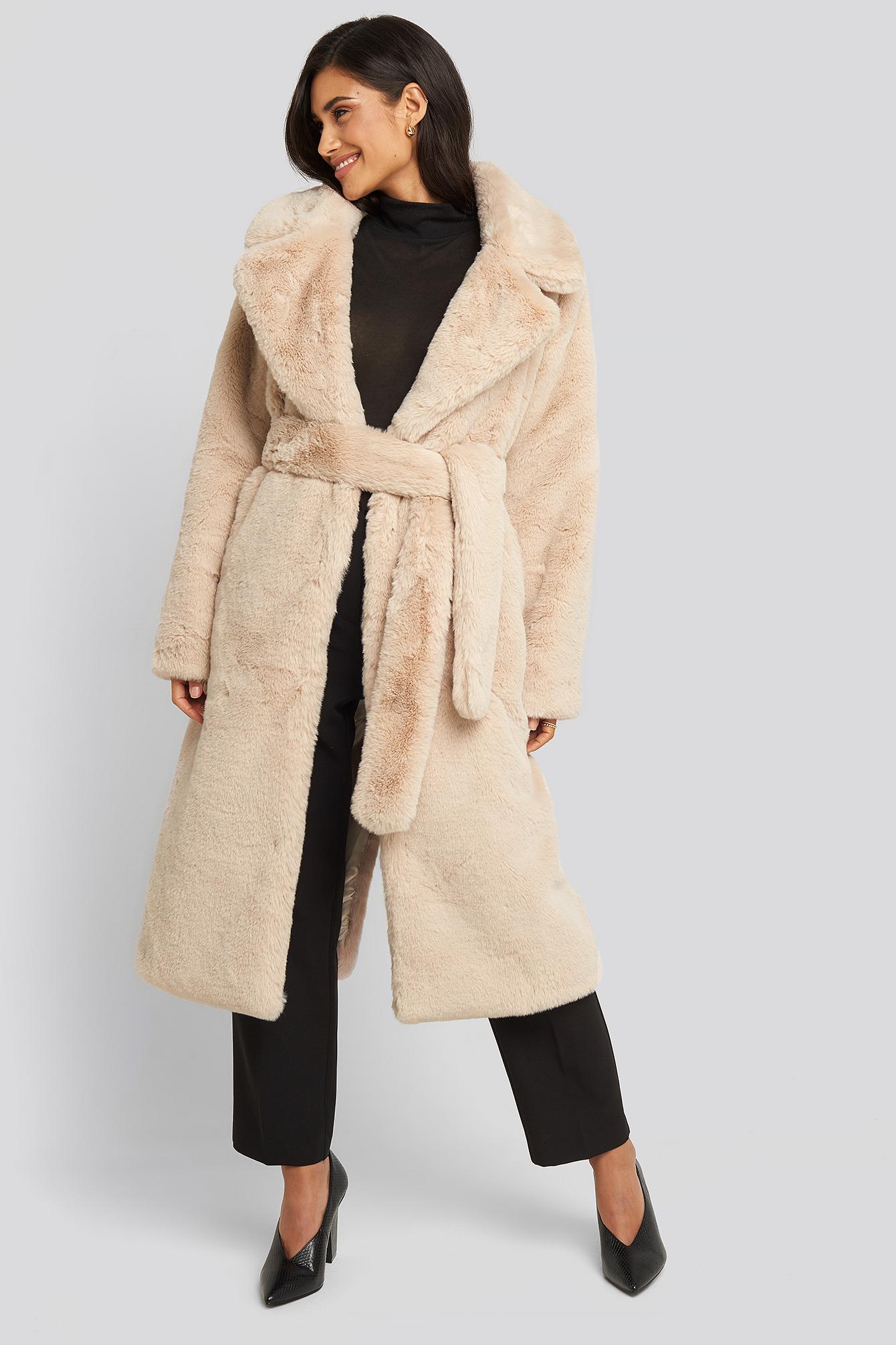 Soft Faux Fur Long Coat in Light Beige 
