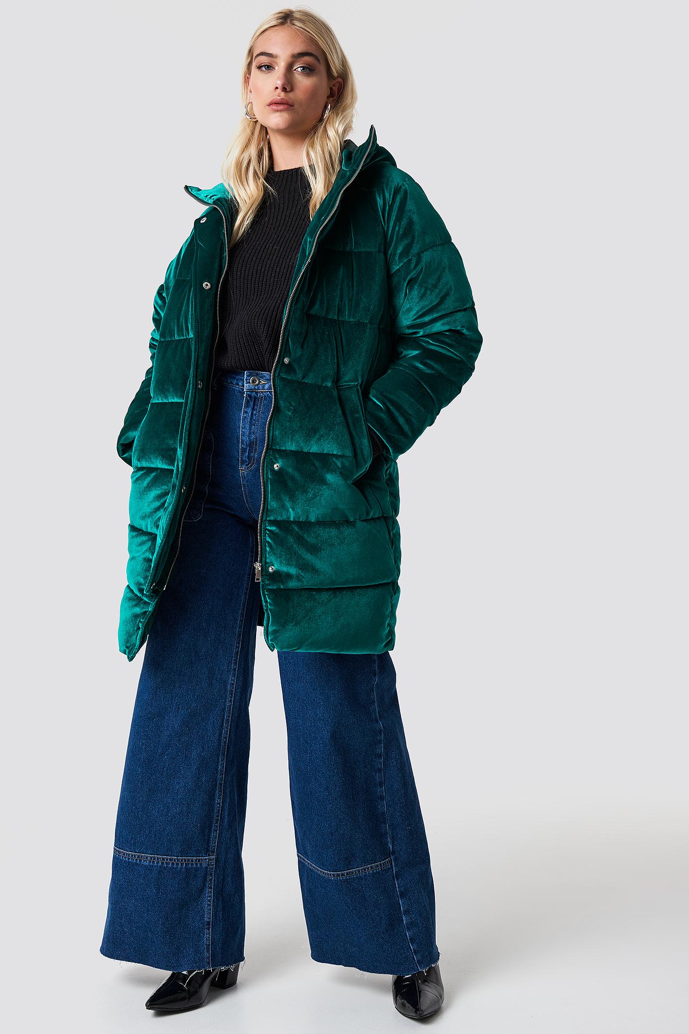 green velvet puffer coat