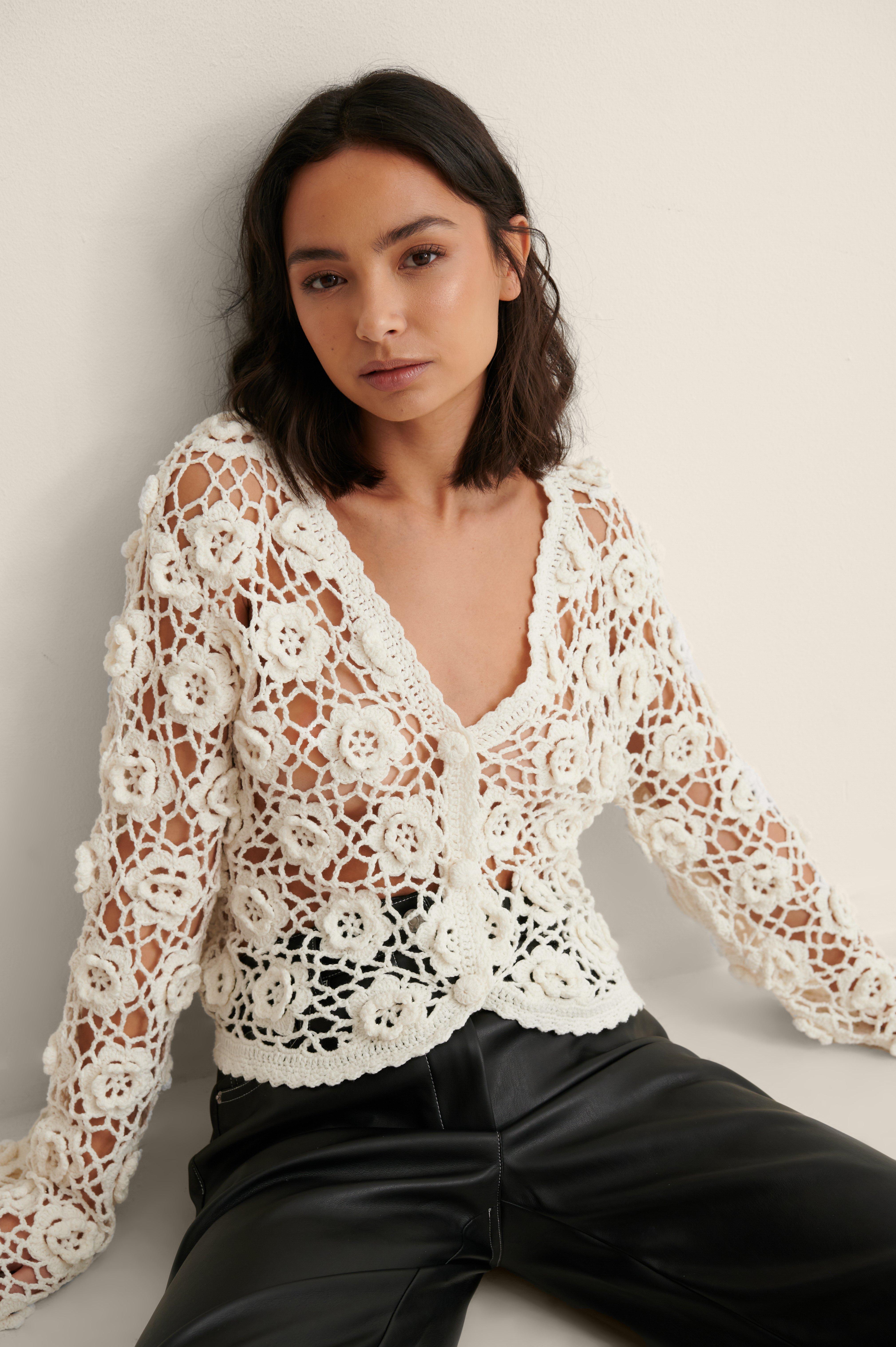 NA-KD Offwhite Crochet Knitted Pearl Button Cardigan in Natural Womens Clothing Jumpers and knitwear Cardigans 