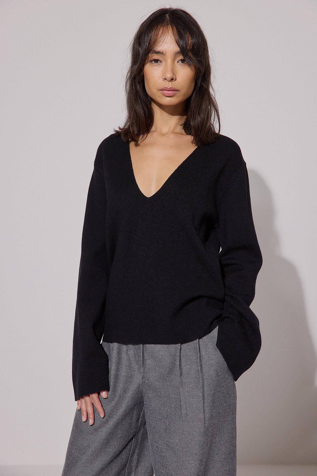 NA-KD Black Wide Sleeve V-neck Knitted Sweater | Lyst
