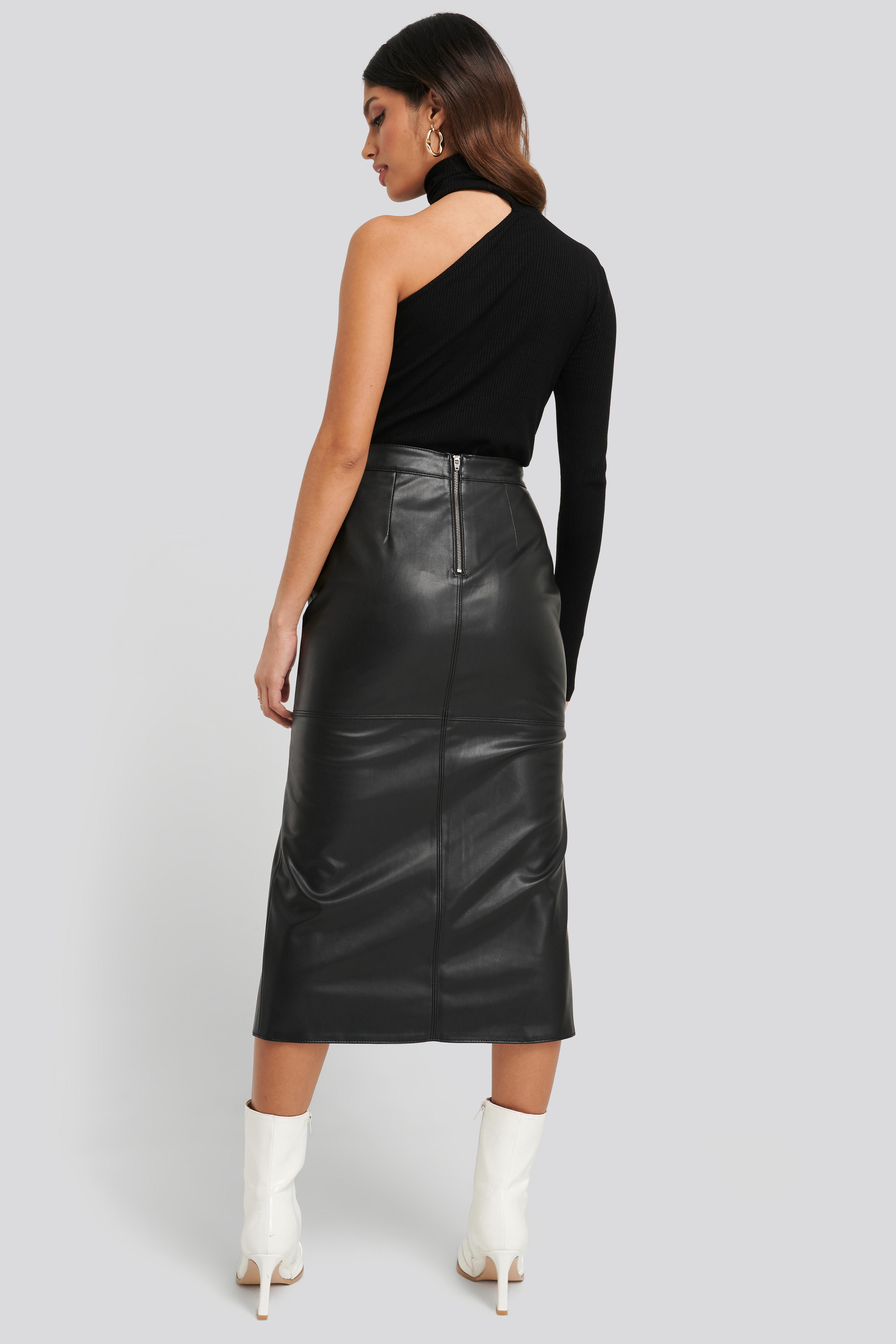 NA-KD Black Faux Leather Side Slit Skirt - Lyst