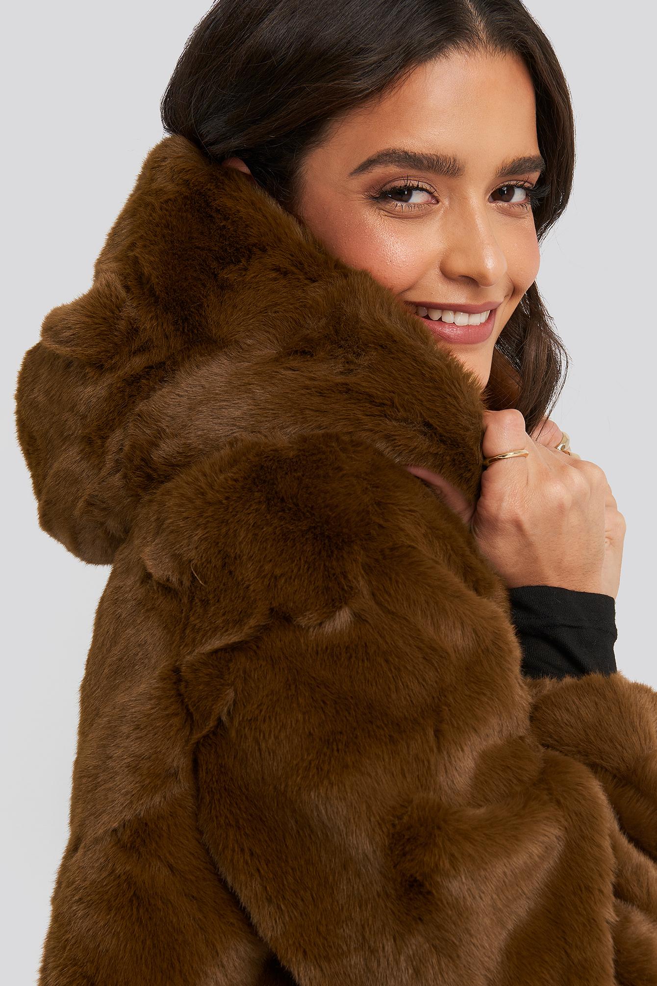 brown hooded faux fur jacket