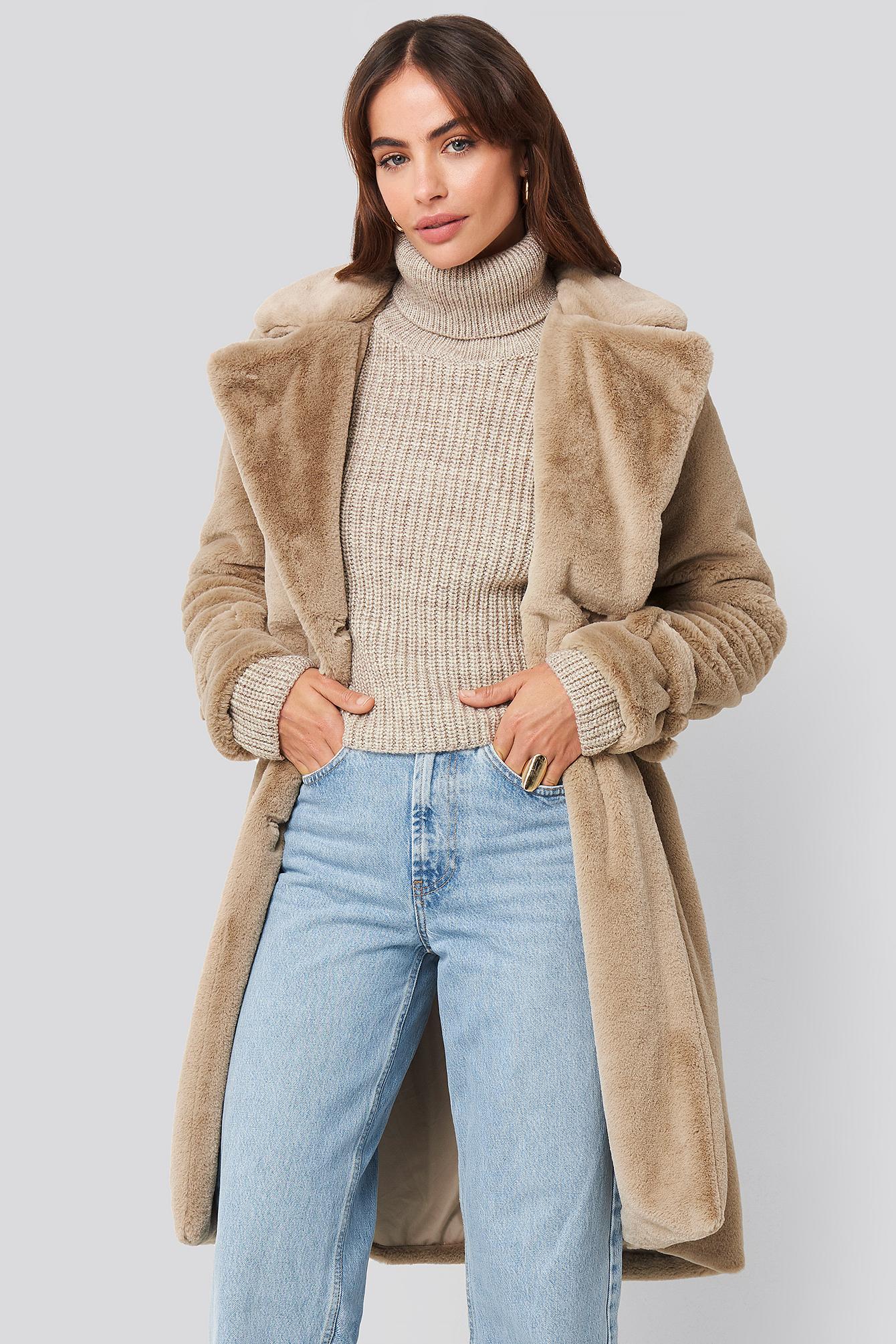 NA-KD Beige Double Breasted Belted Faux Fur Coat - Lyst