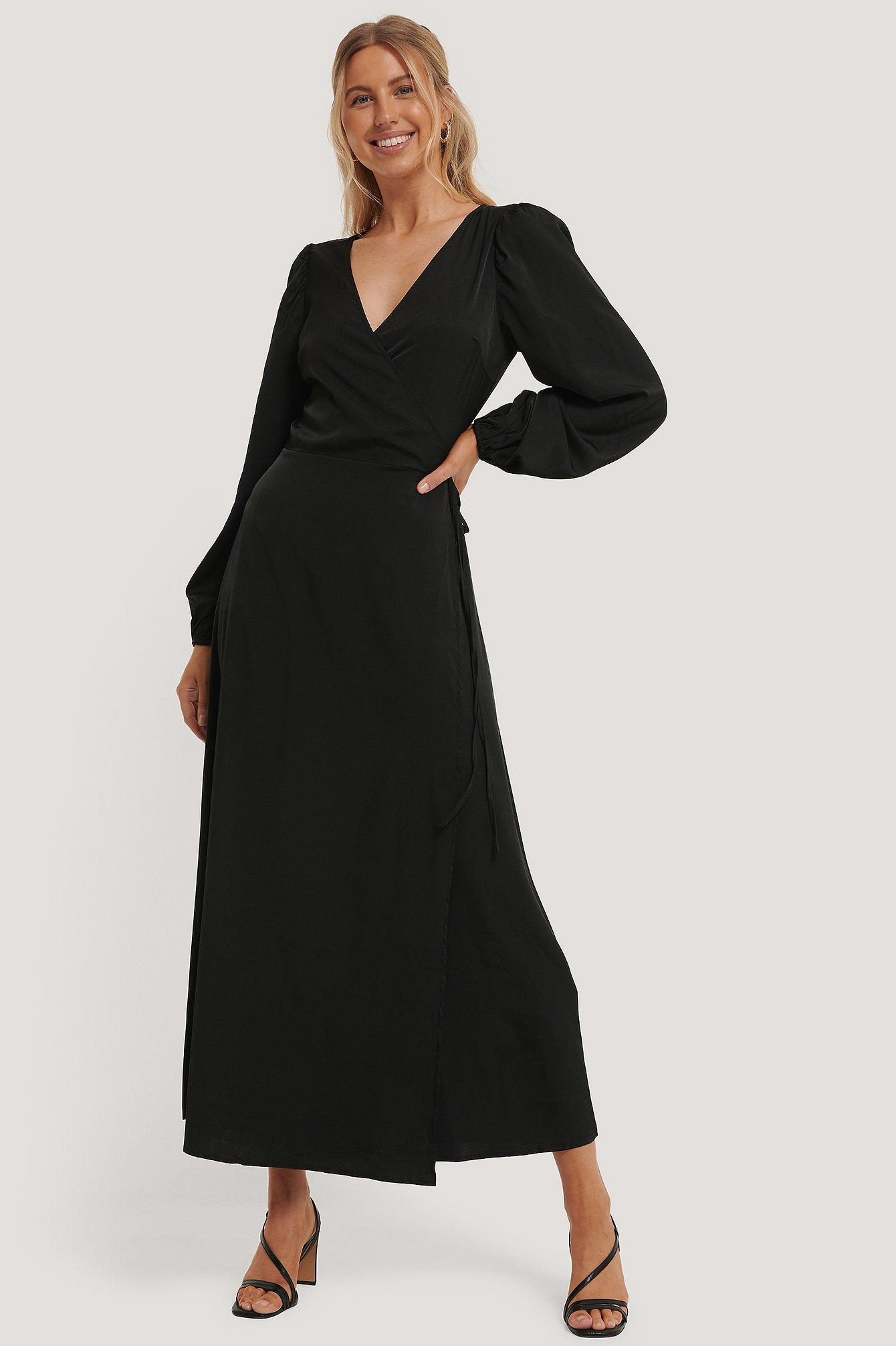 long sleeve black wrap maxi dress