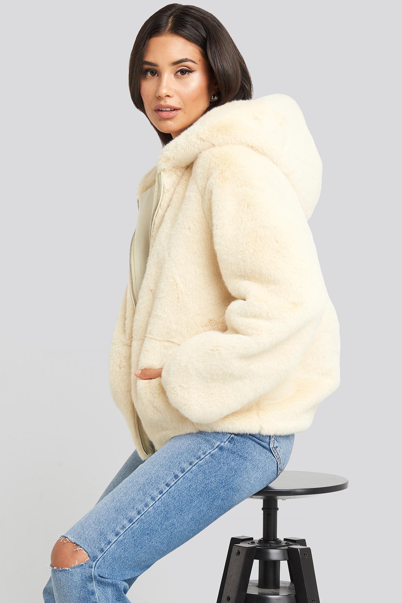 white faux fur hoodie