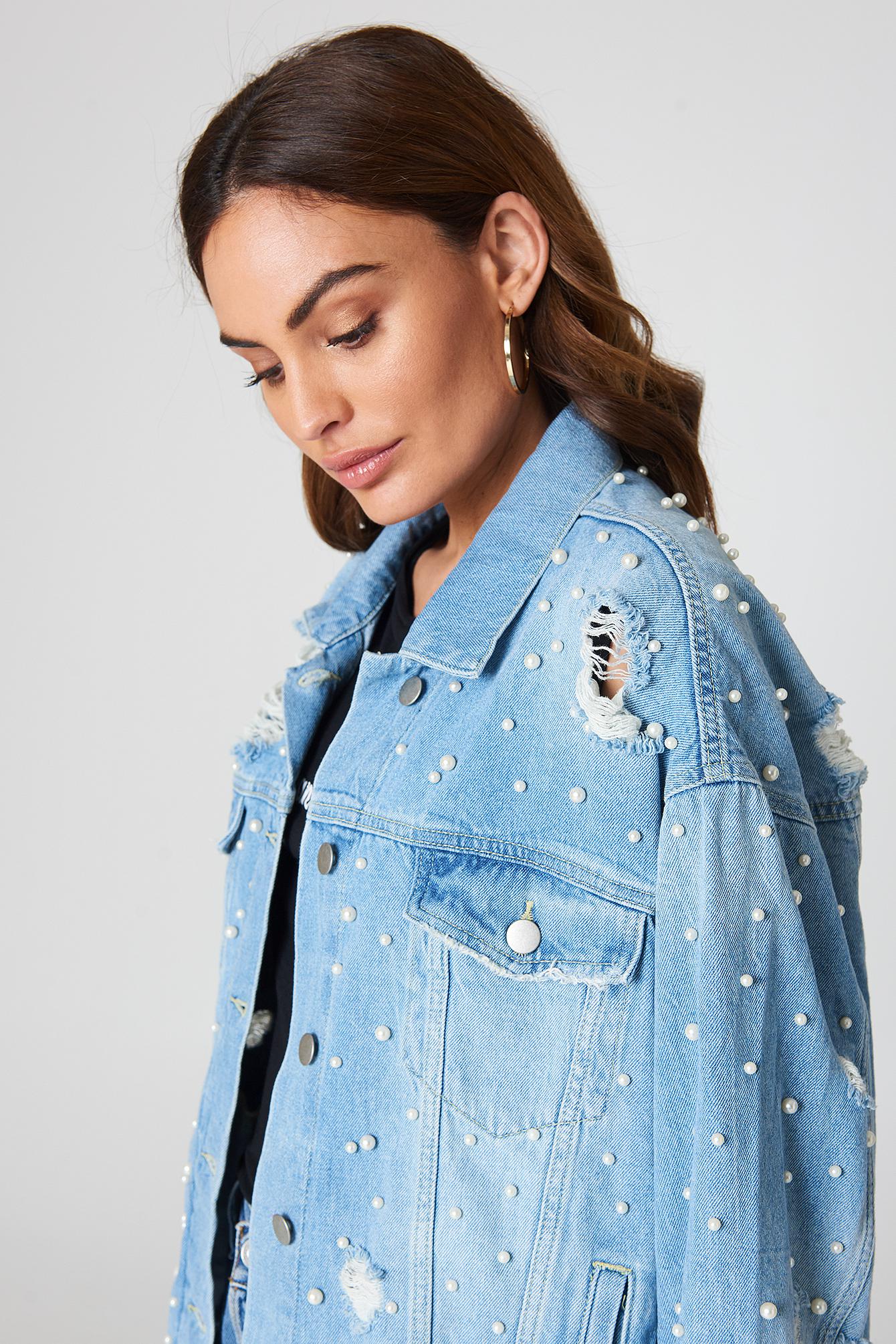 sunday funday blue oversized pearl denim jacket