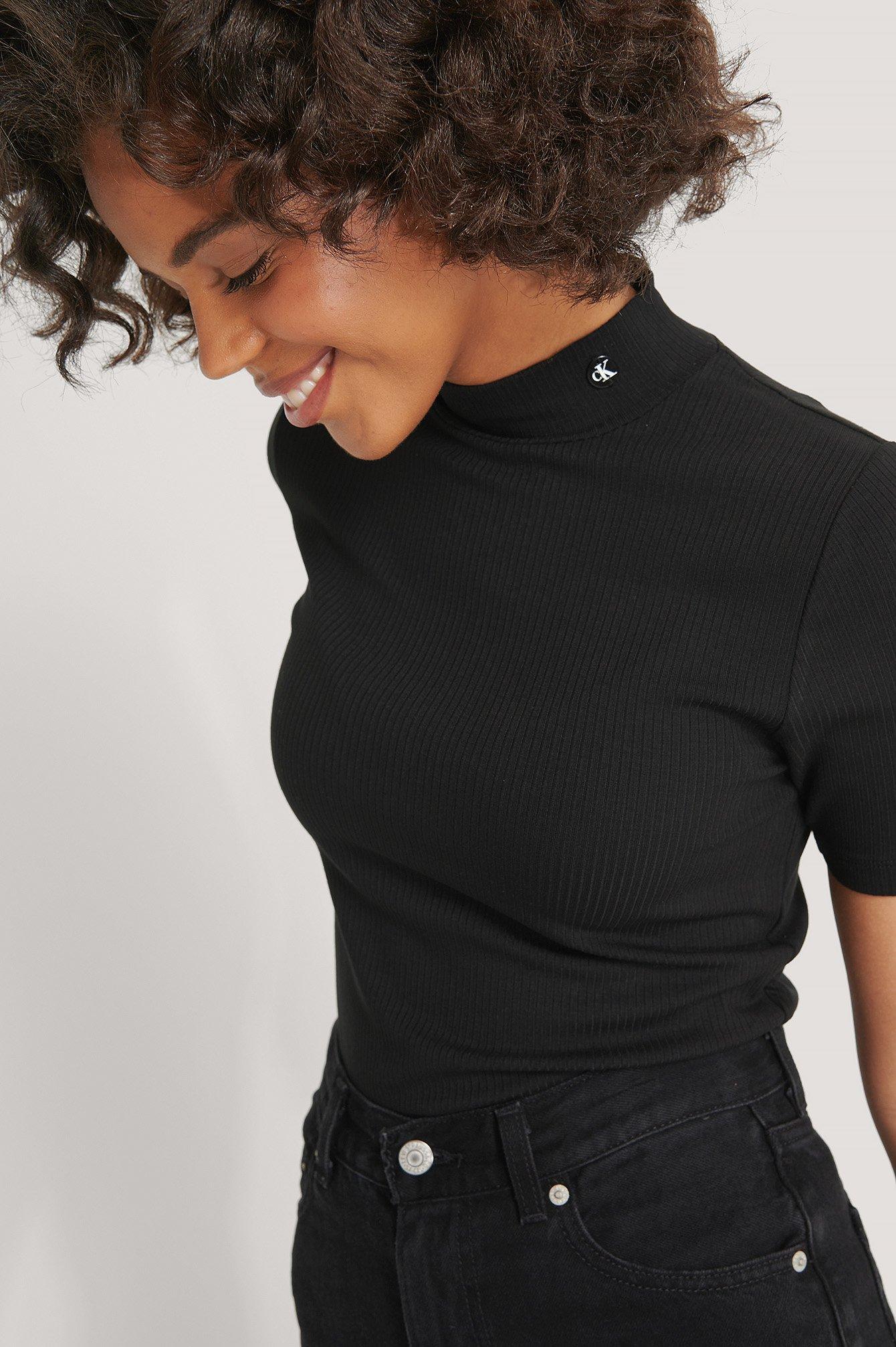 L FCRB RIBBED HEM S/S MOCKNECK TOP BLACK