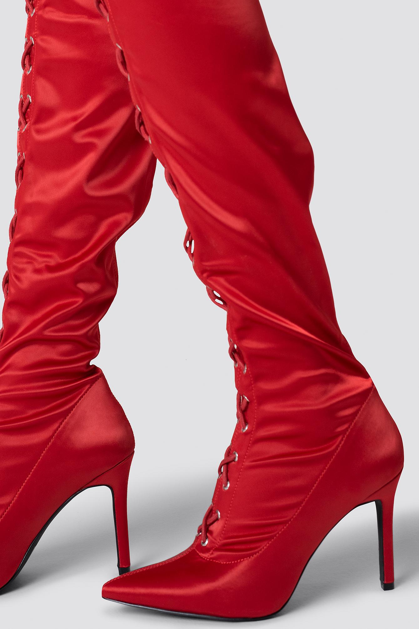 NA-KD Lace Up Satin Overknee Boots Red - Lyst