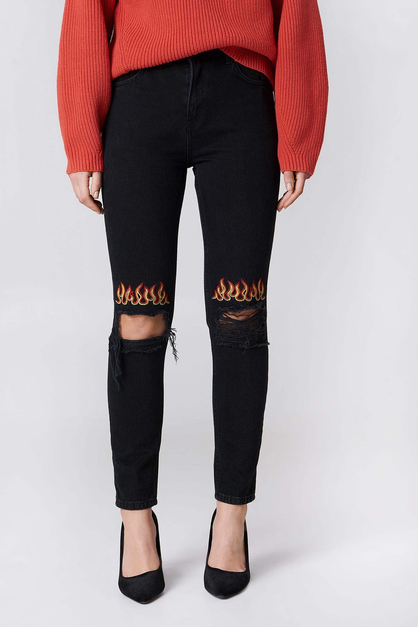 flame embroidered jeans