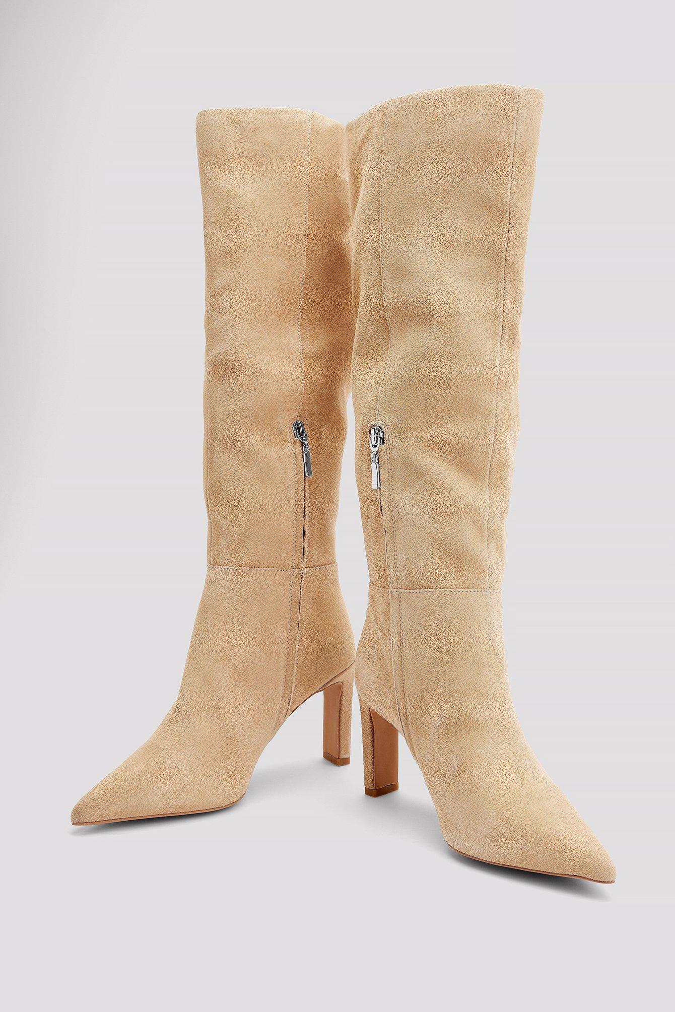 NA-KD Beige Suede Stiletto Boots in 