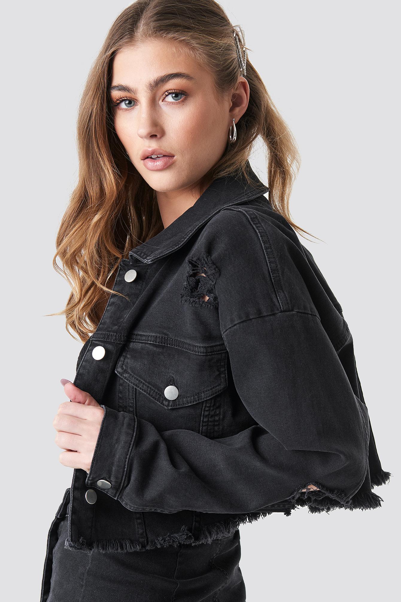 black cropped ripped denim jacket