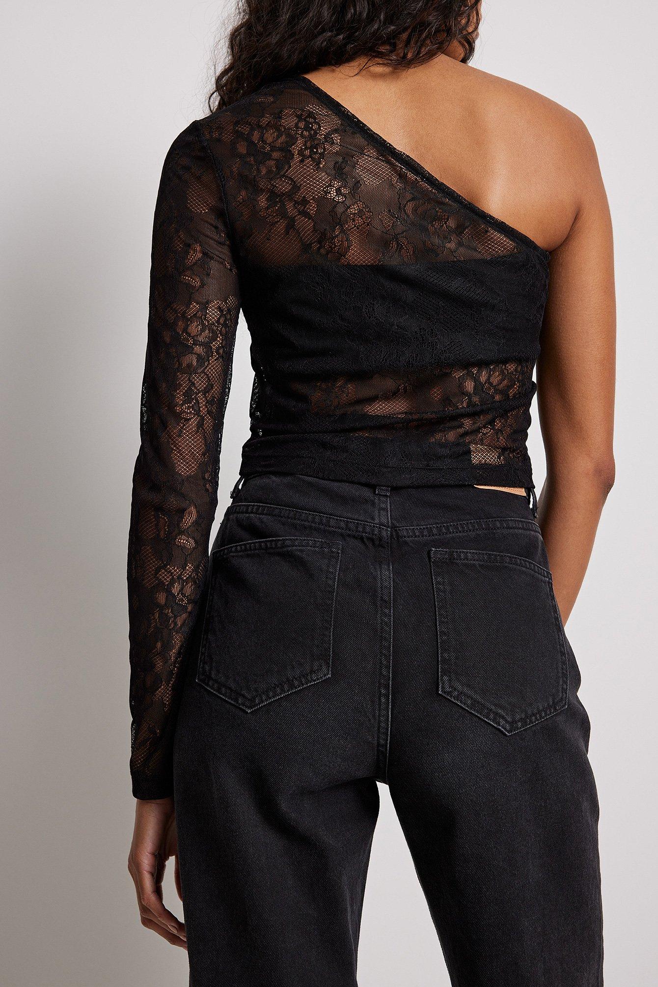 NA-KD Black Draped Lace Long Sleeve Top in Blue | Lyst