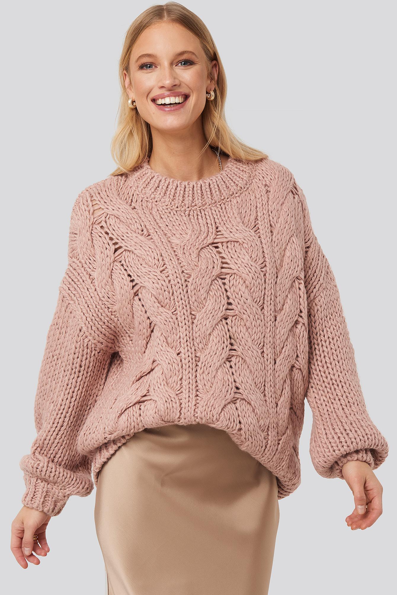 wool blend round neck heavy knitted cable sweater