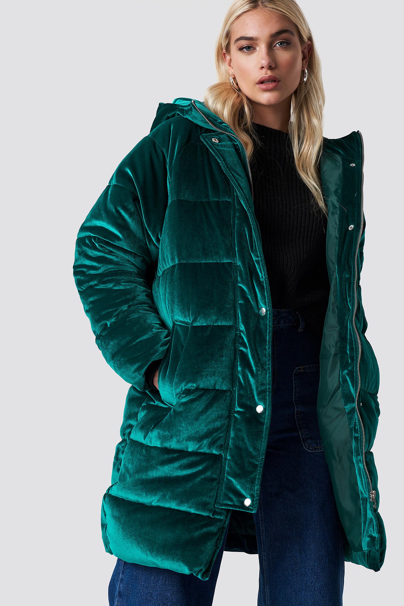 green velvet puffer coat