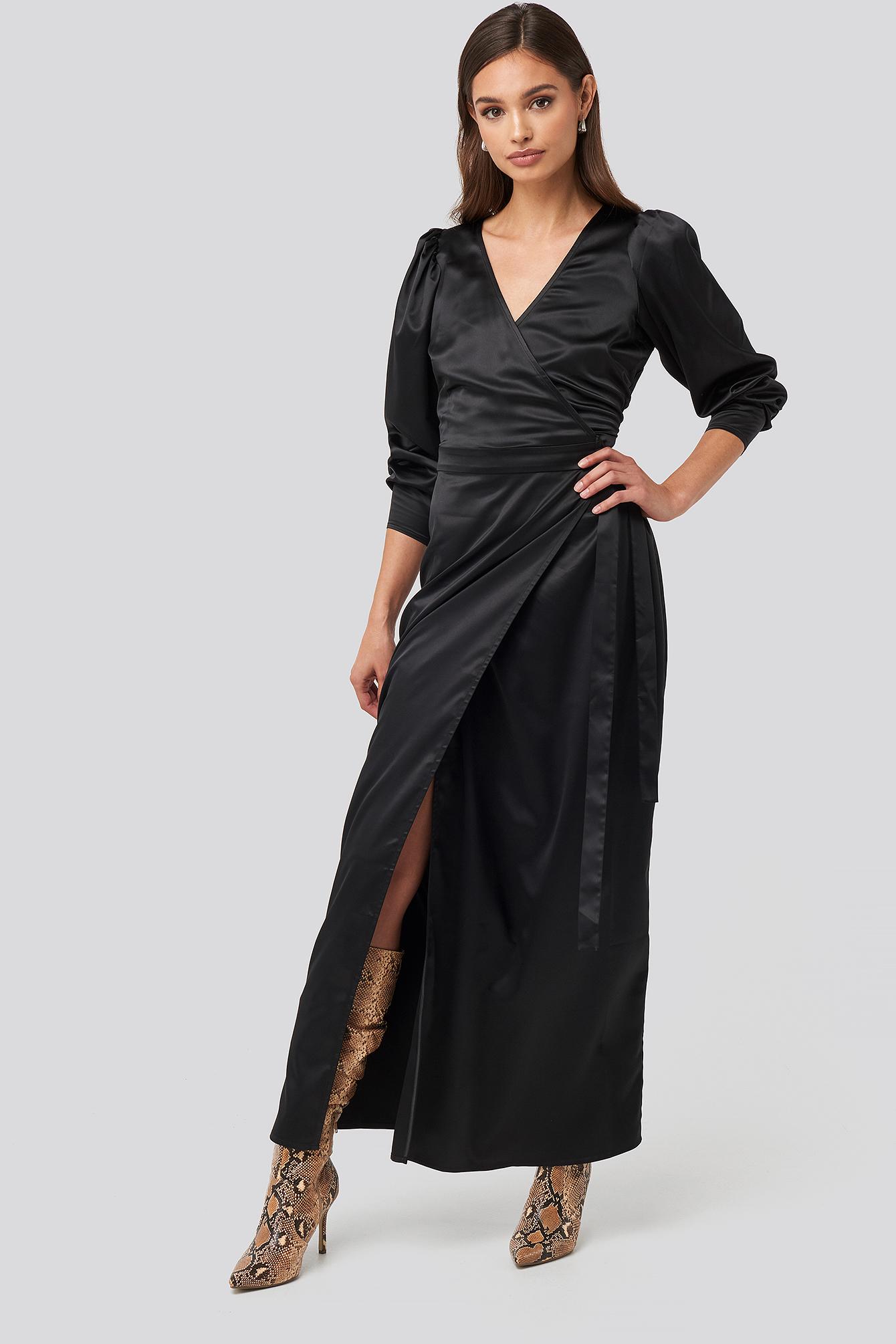NA-KD Satin Puff Sleeve Wrap Maxi Dress Black - Lyst