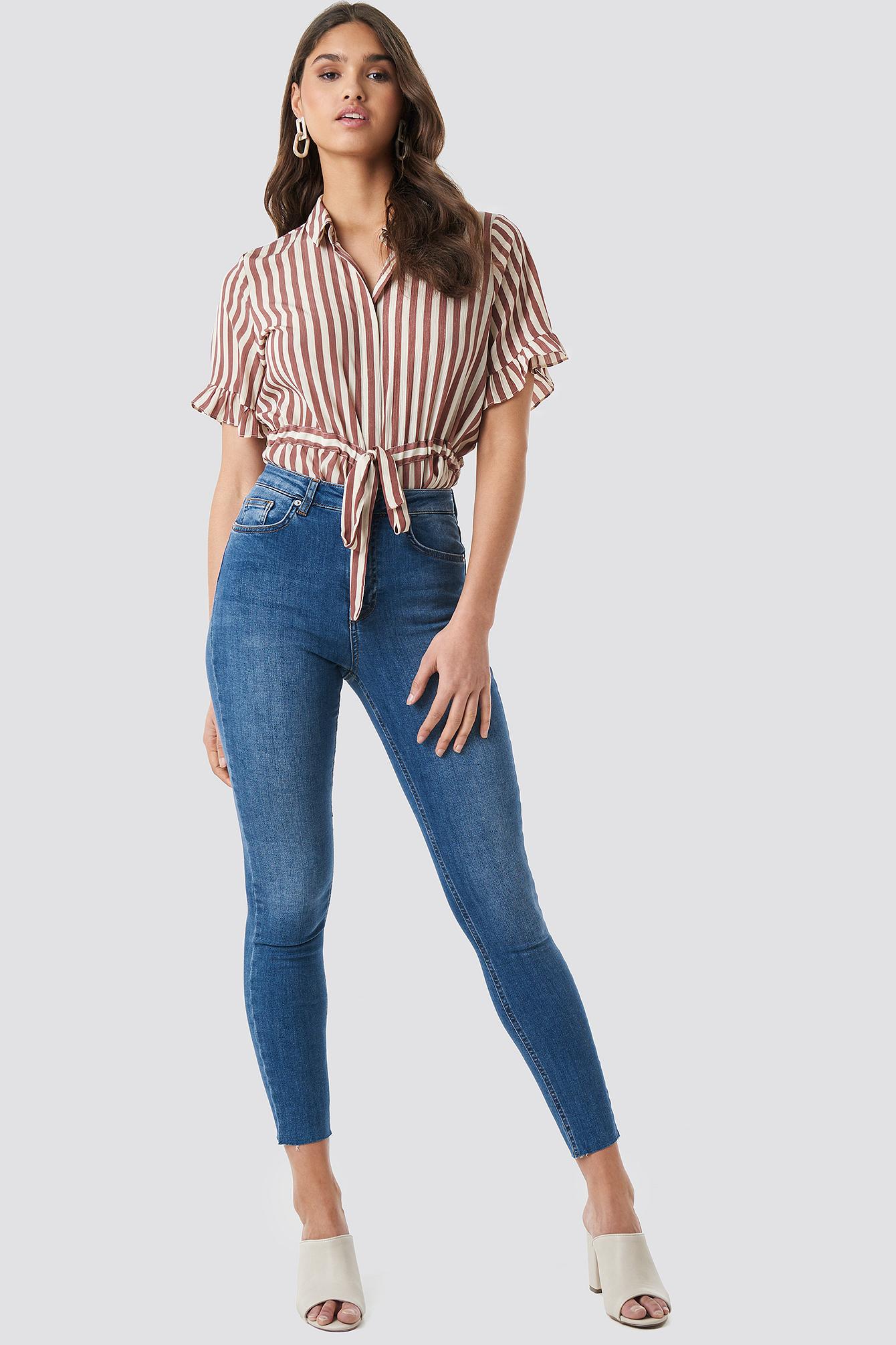 NA-KD Denim Skinny High Waist Raw Hem Jeans Blue - Lyst