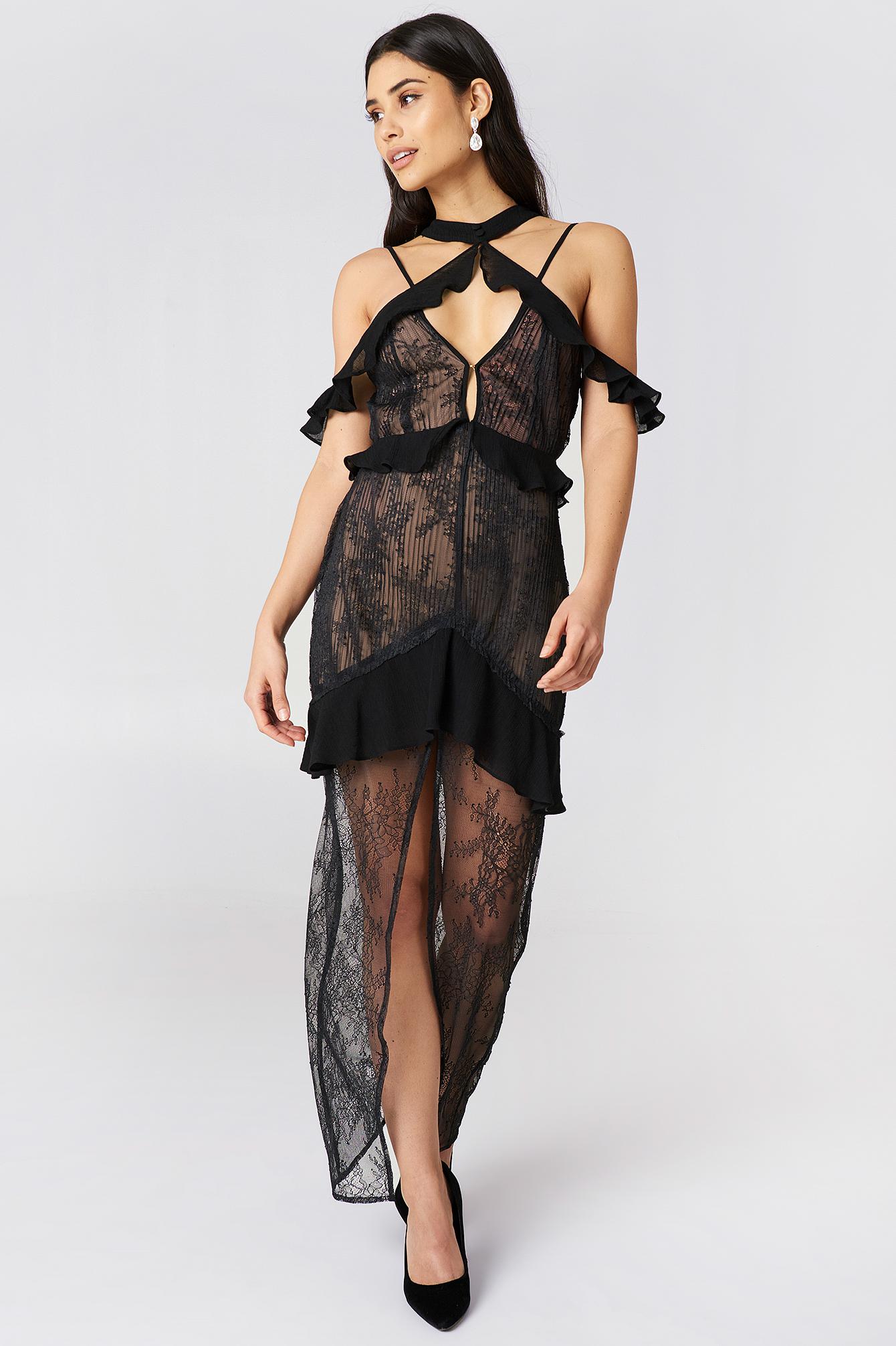 Off Shoulder Lace Midi Dress in Black 