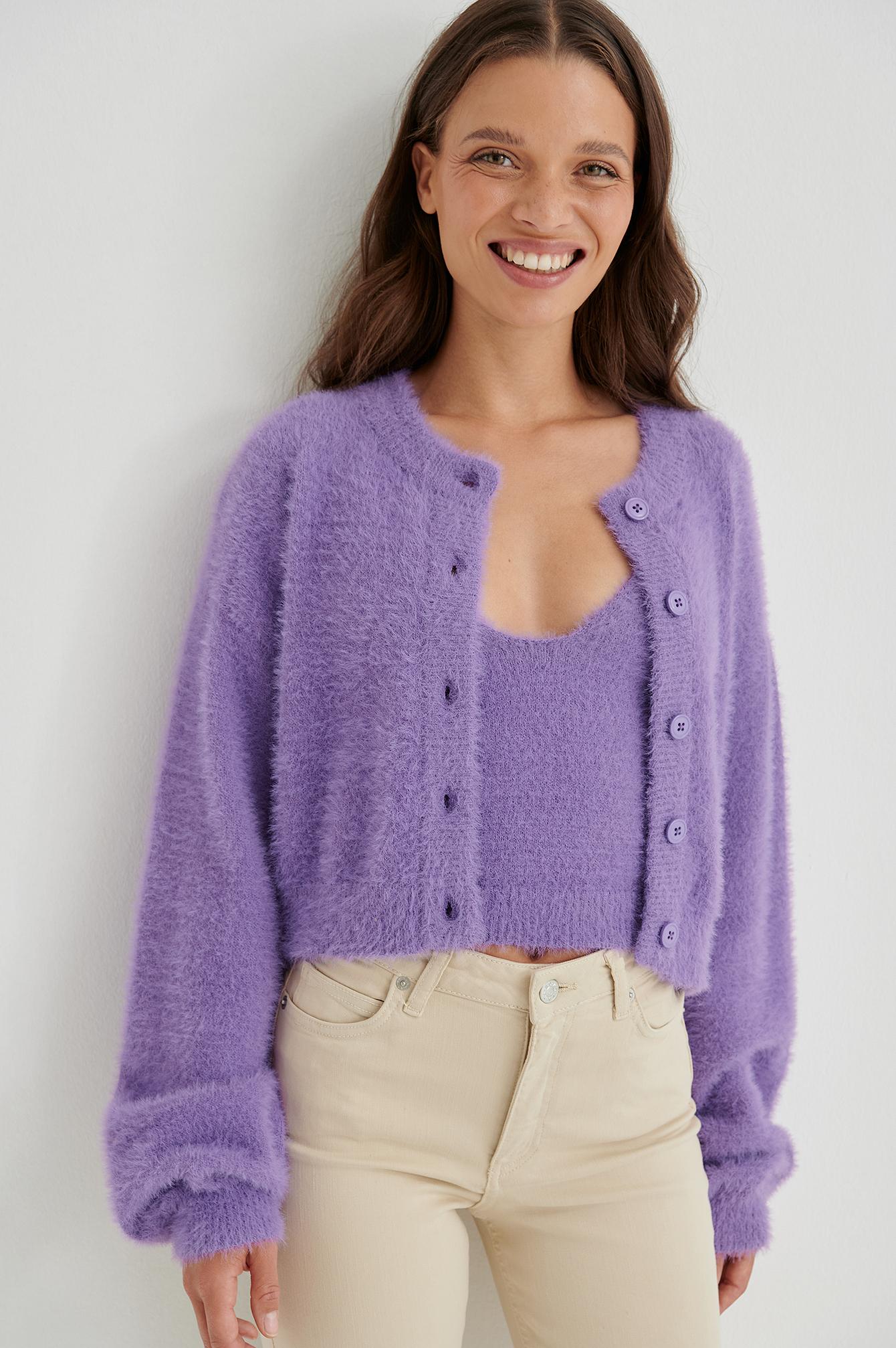NA-KD Fuzzy Knit Cardigan in Purple | Lyst