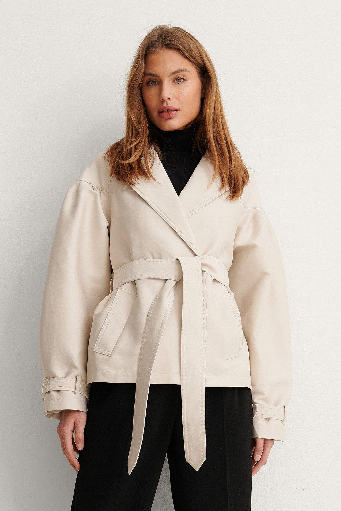 Beige Balloon Sleeve Belted Short Coat 