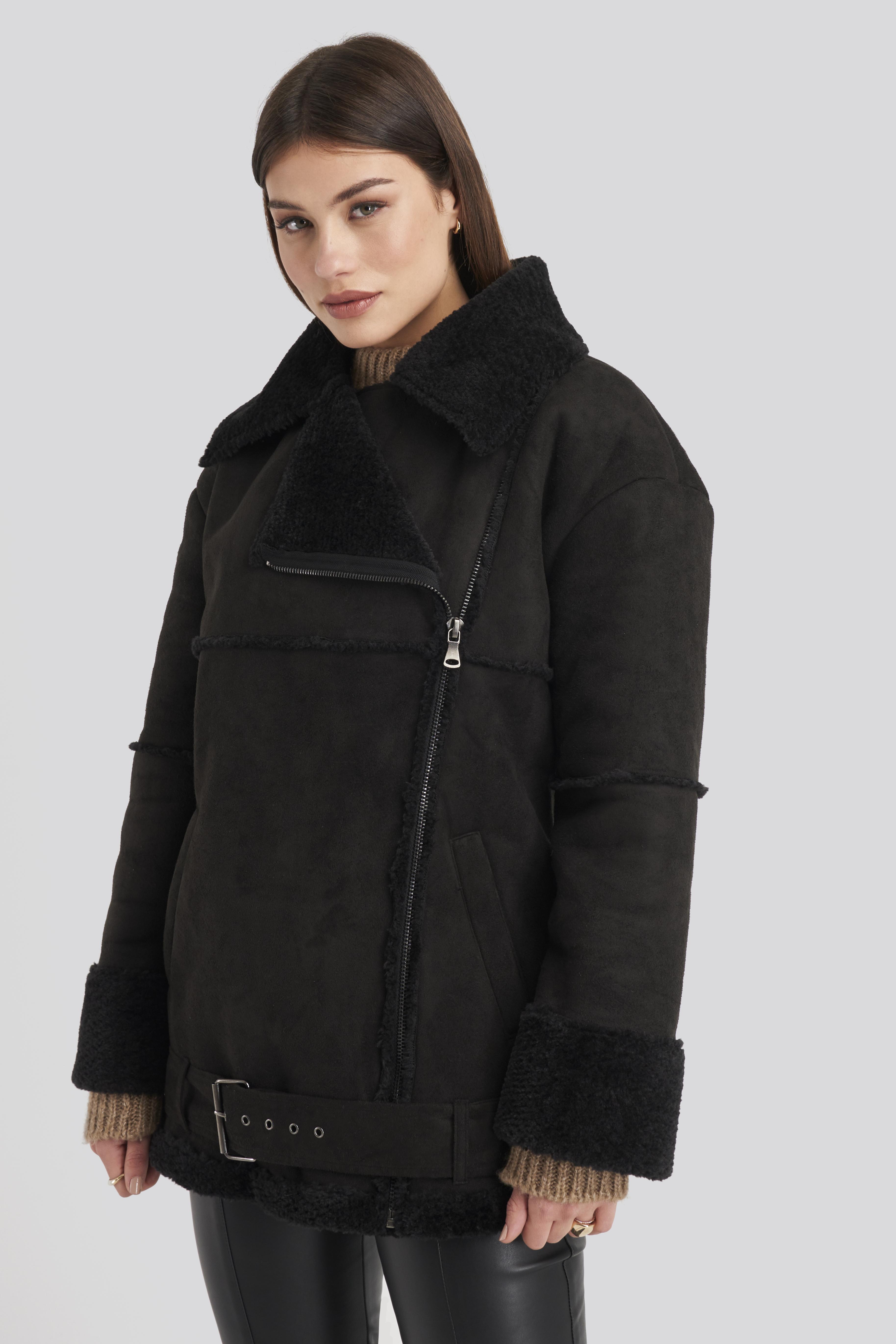 NA-KD Belted Faux Fur Aviator Jacket Black - Lyst