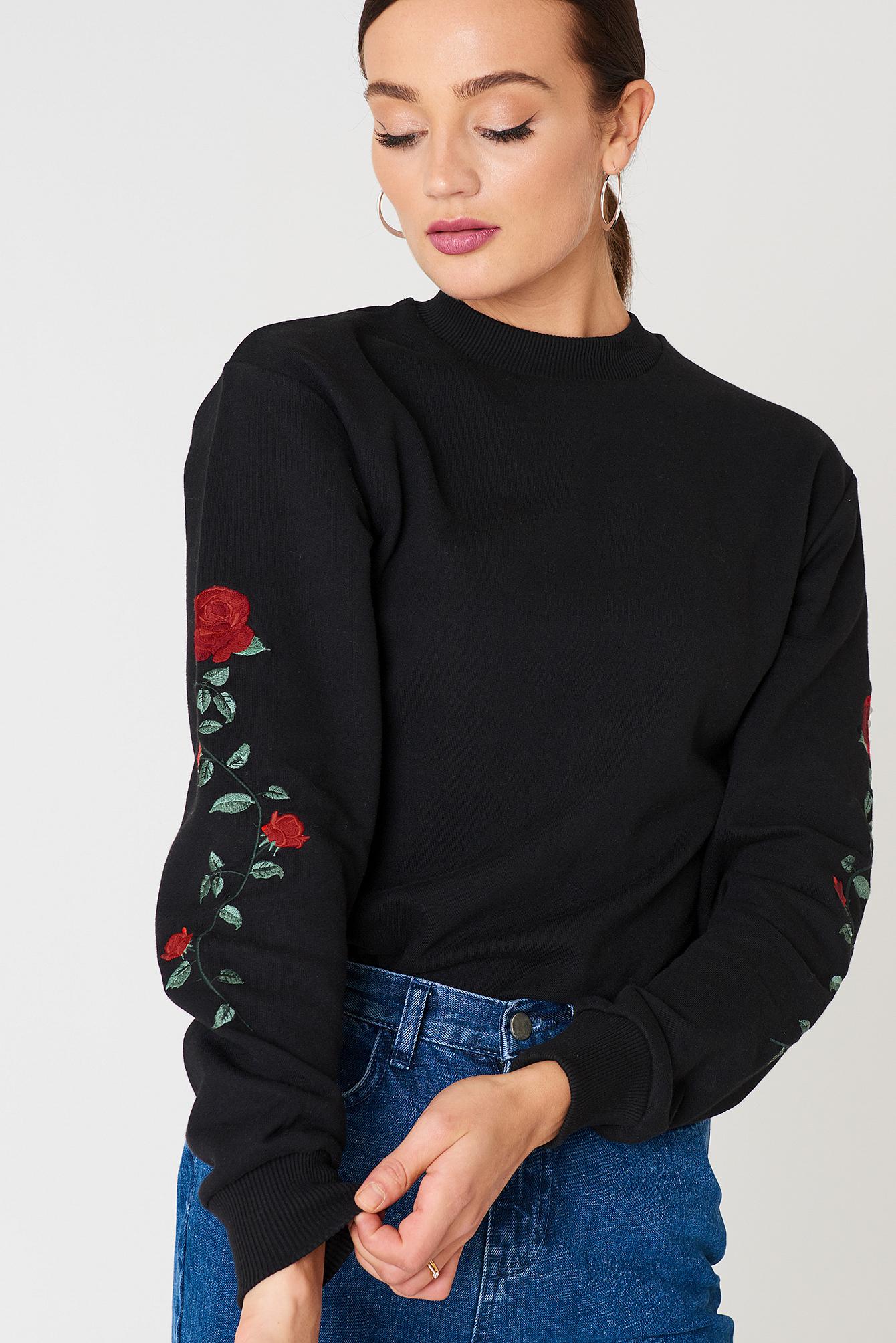 Na-Kd Rose Embroidery Sleeve Sweater in Black - Save 25% 