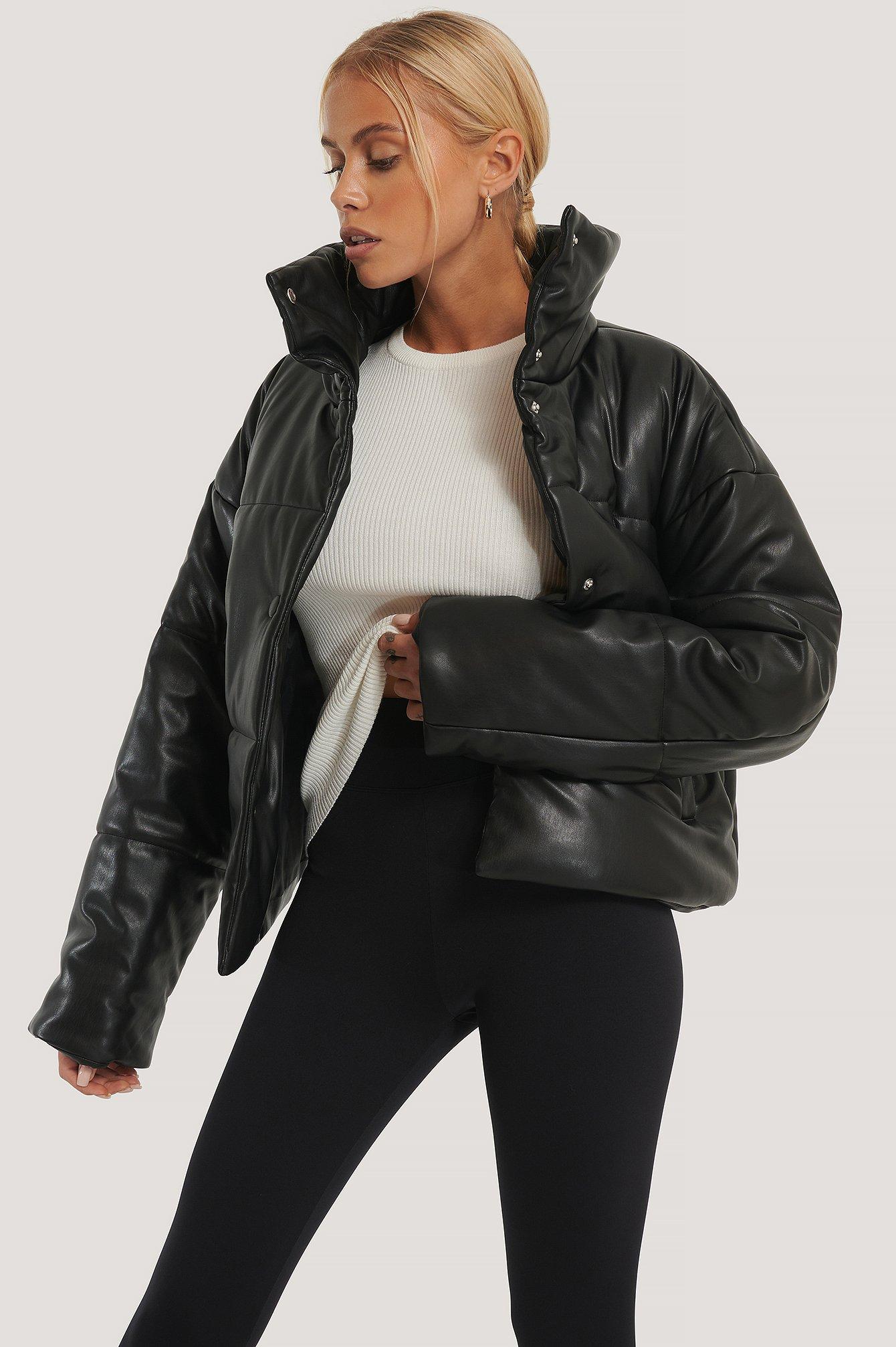 NA-KD Leather Black Pu Padded Jacket | Lyst