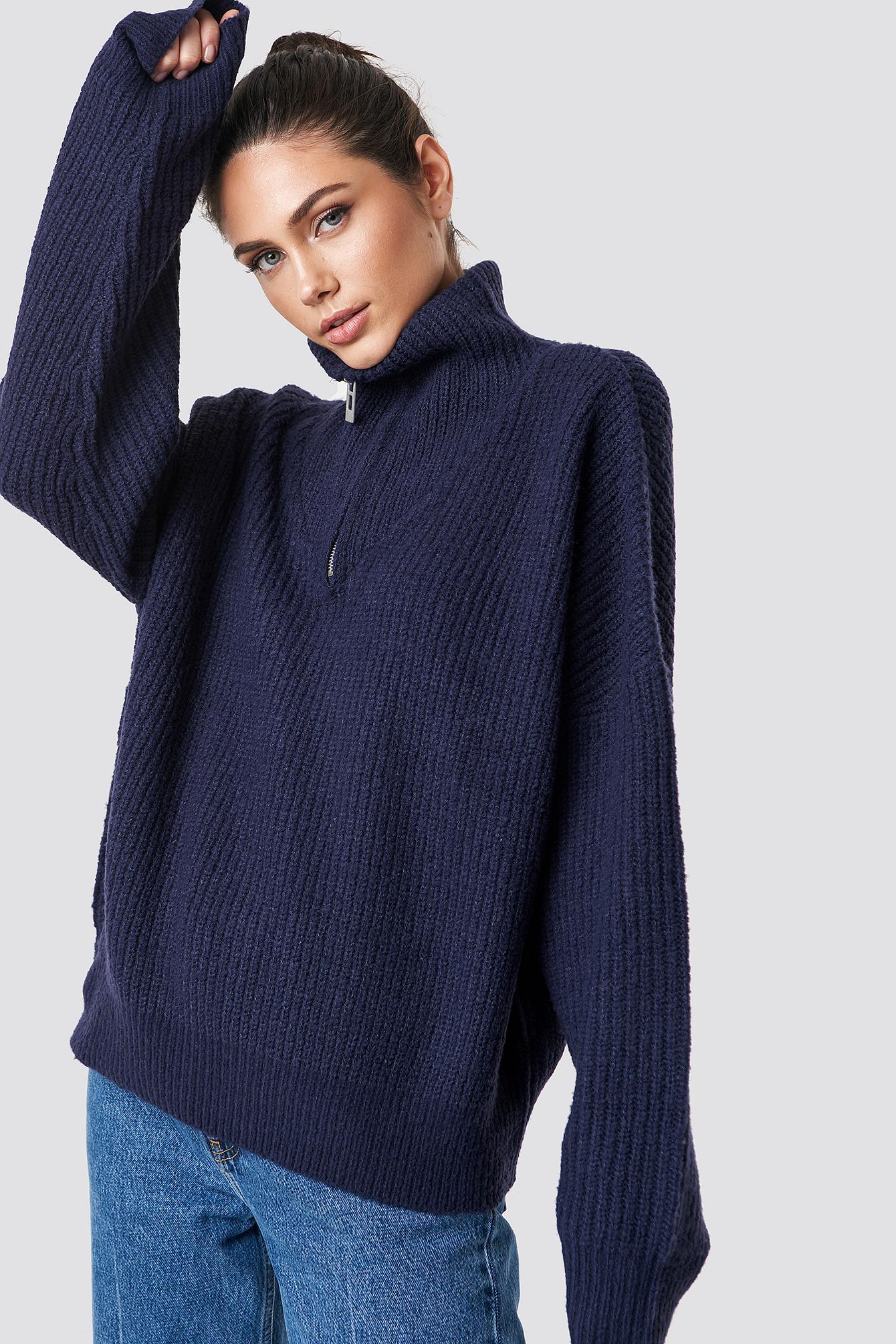 NA-KD Synthetic Front Zipper Knitted Sweater Blue - Lyst