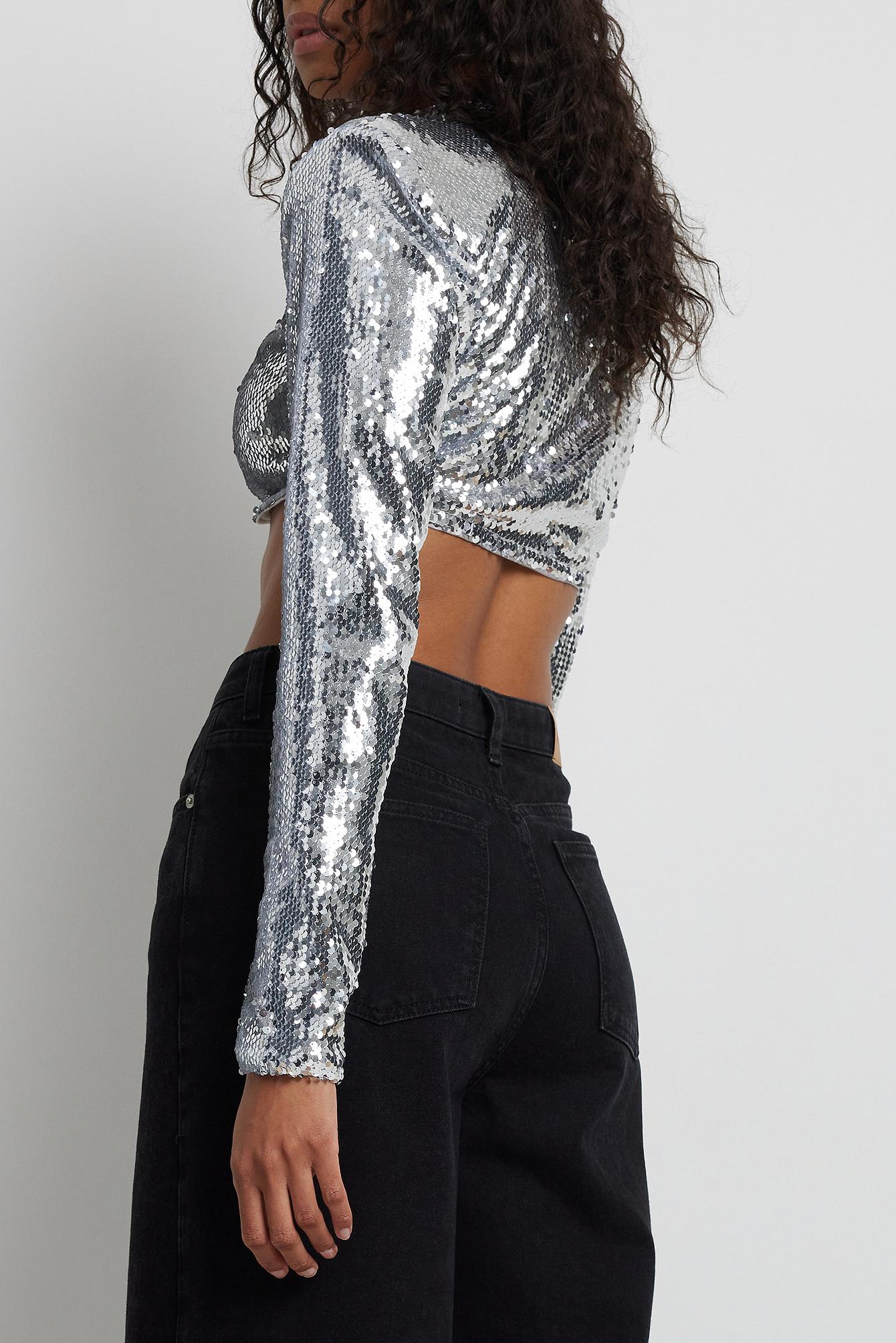NA-KD Cropped Shoulder Padded Sequin Top in Gray | Lyst