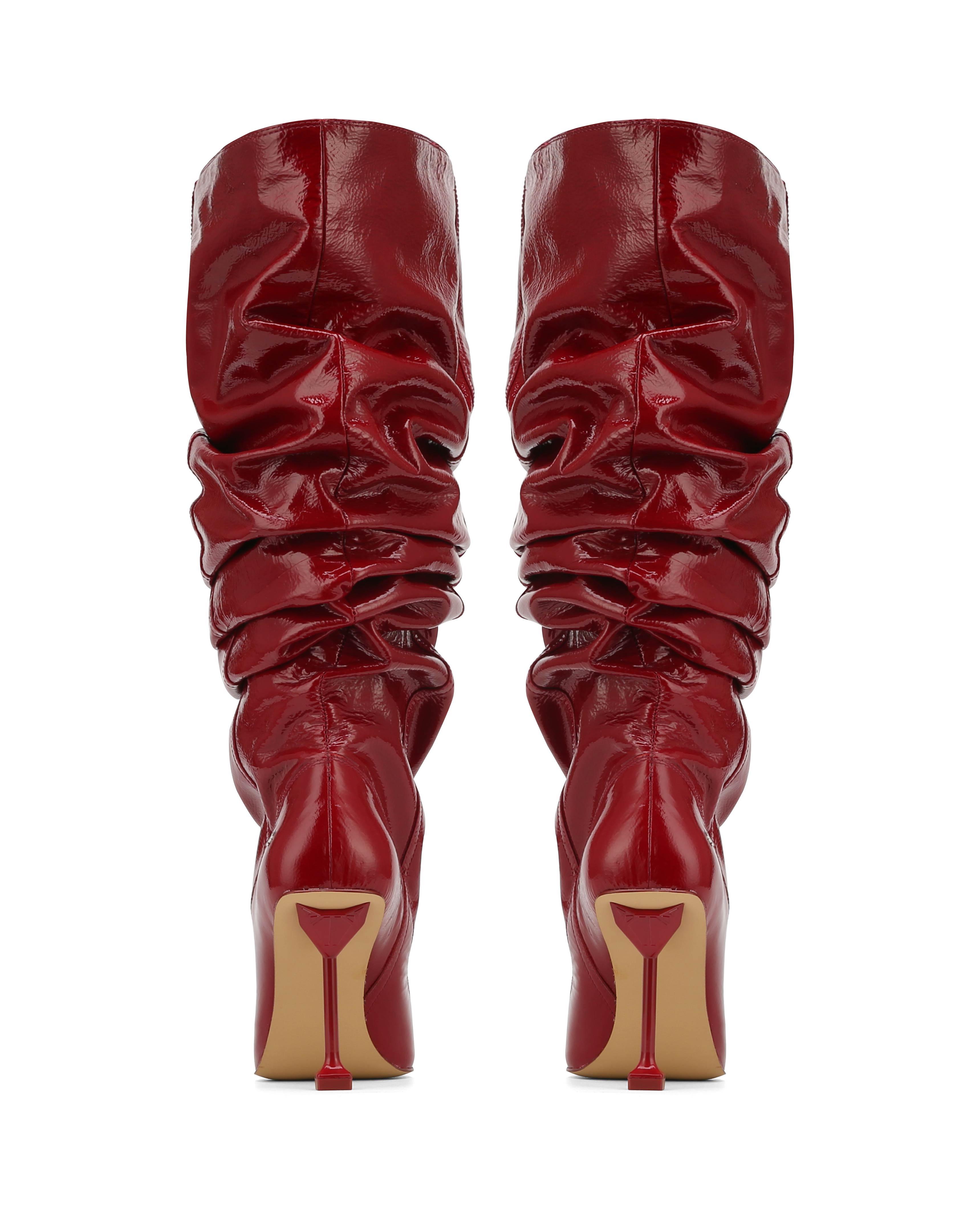 Naked Wolfe Crinkle Patent Leather Heeled Boots in Red | Lyst