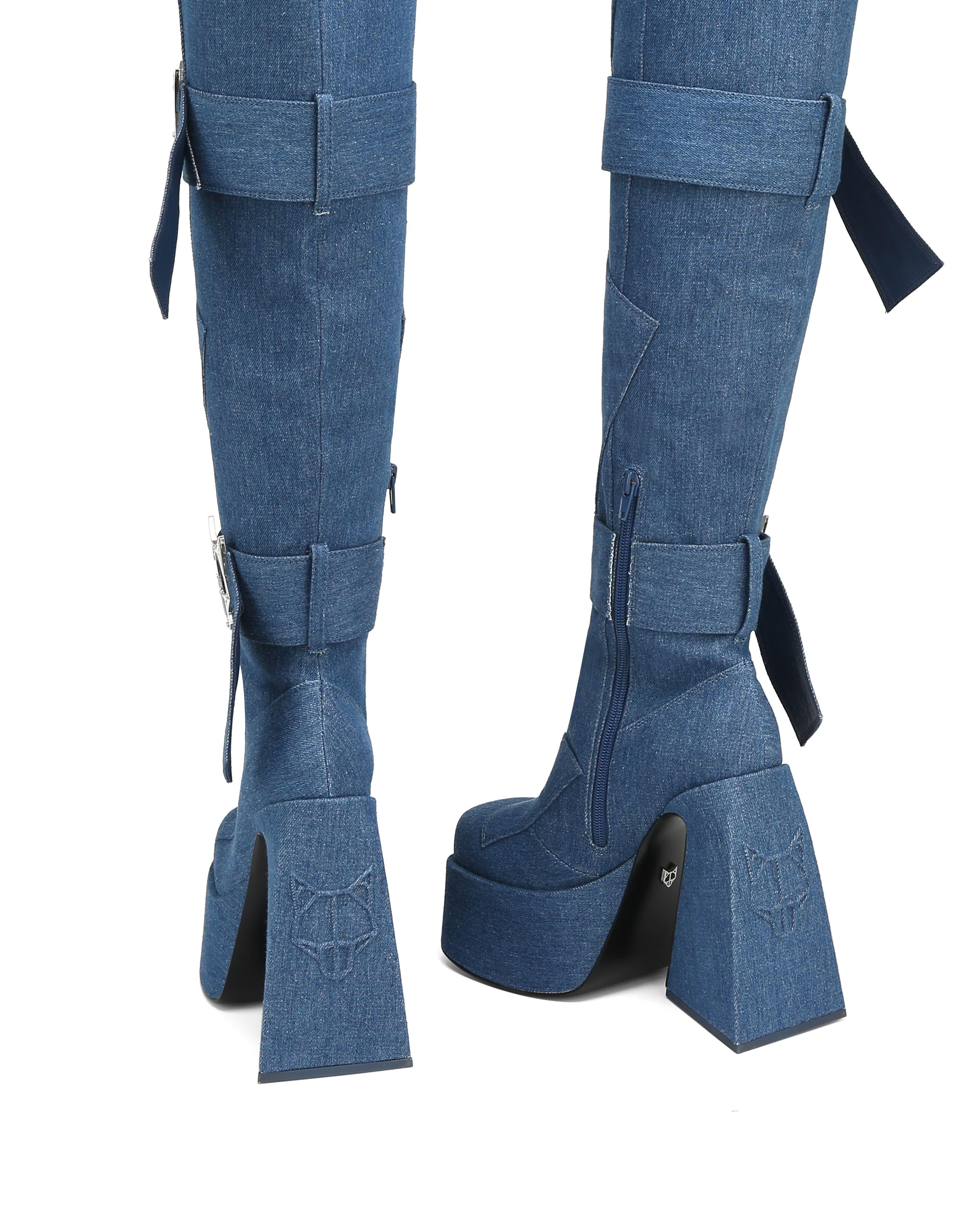 Naked Wolfe Saffy Denim in Blue Womens Shoes Boots Heel and high heel boots 