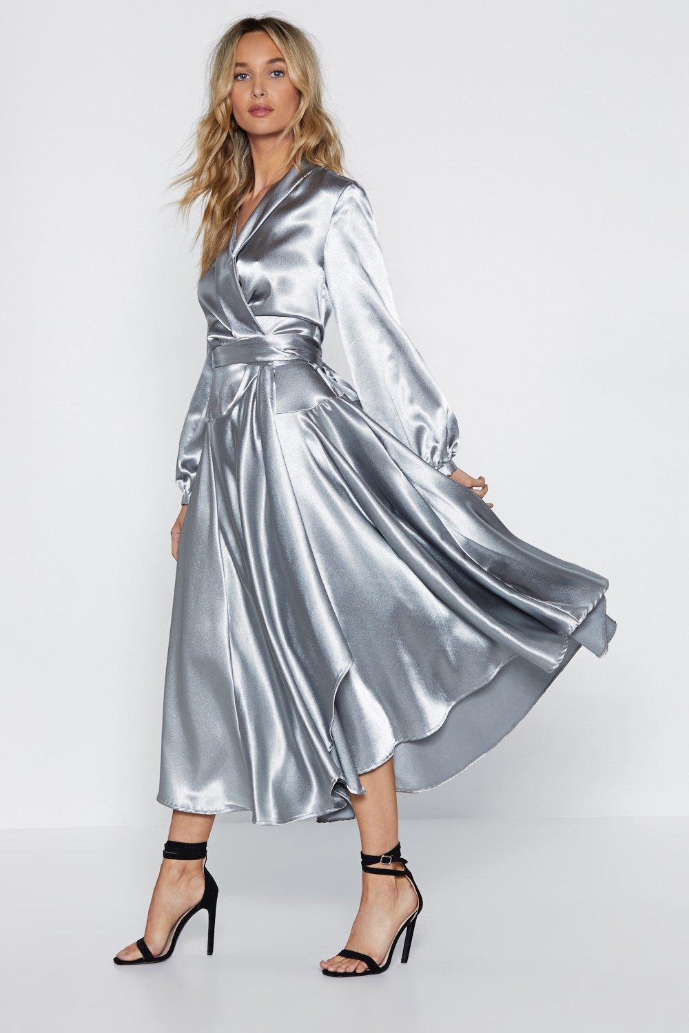 Nasty Gal "make Your Entrance Satin Dress" in Silver (Metallic) | Lyst