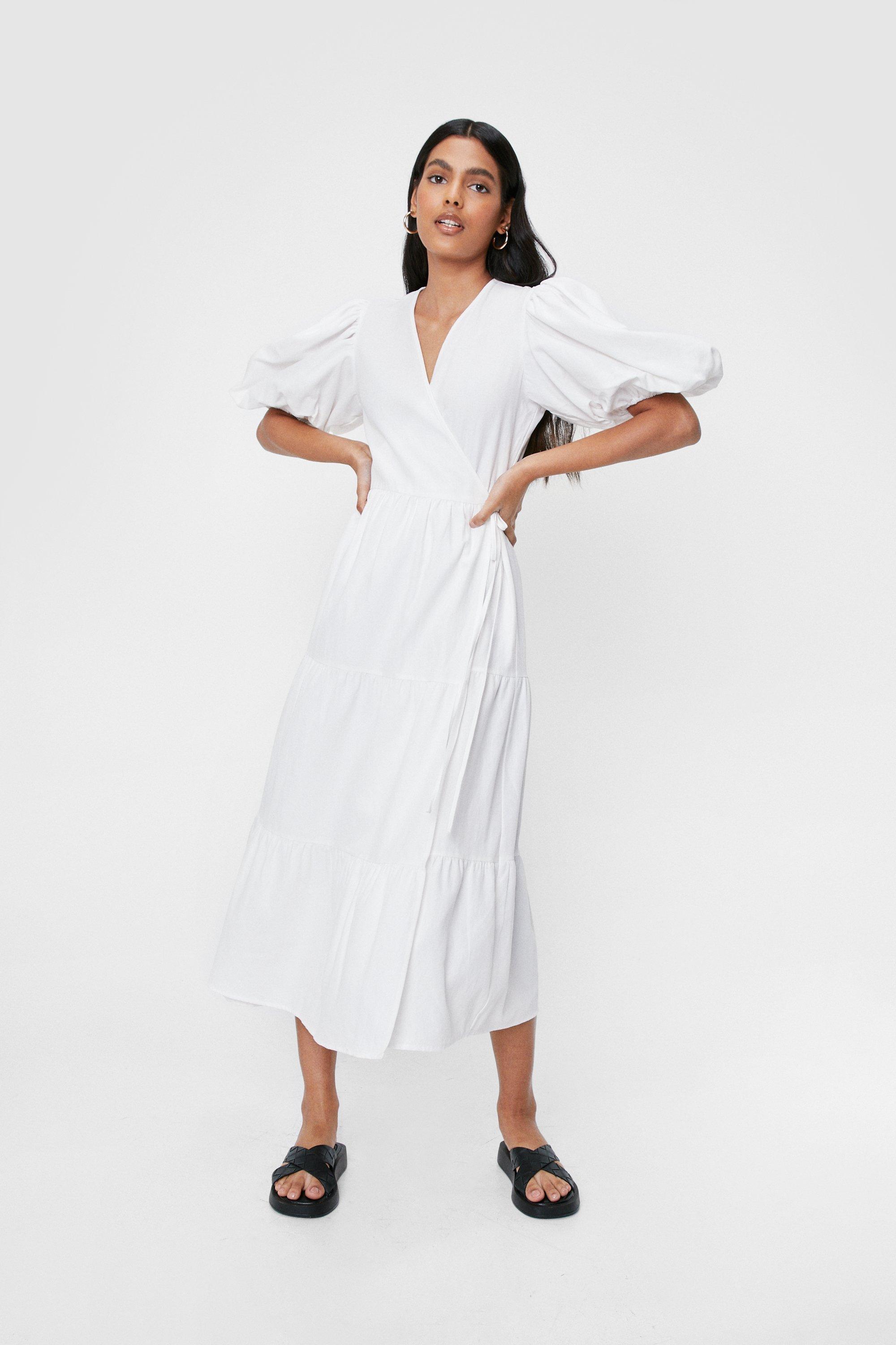 white linen wrap dress