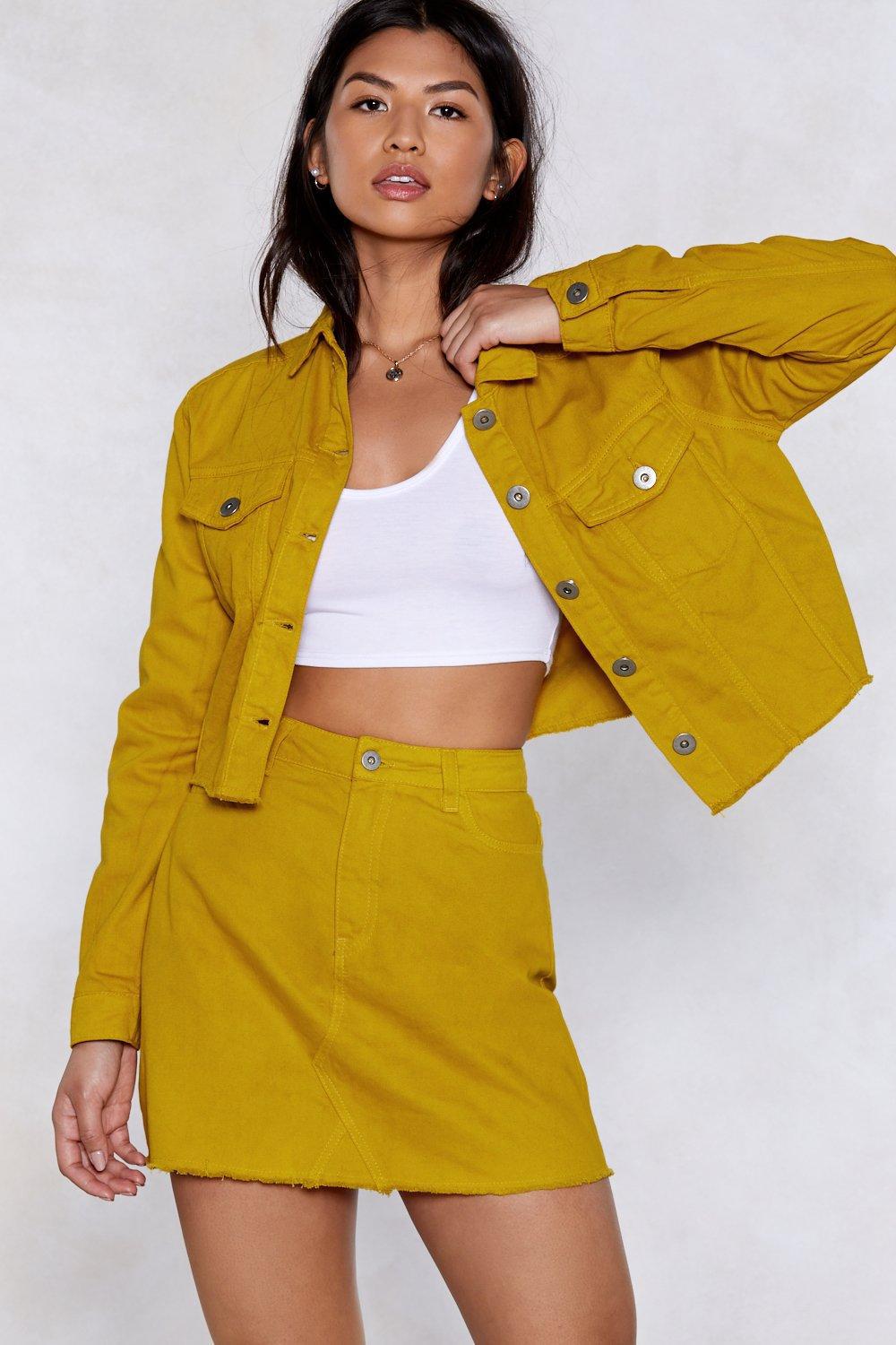 yellow denim jacket and skirt