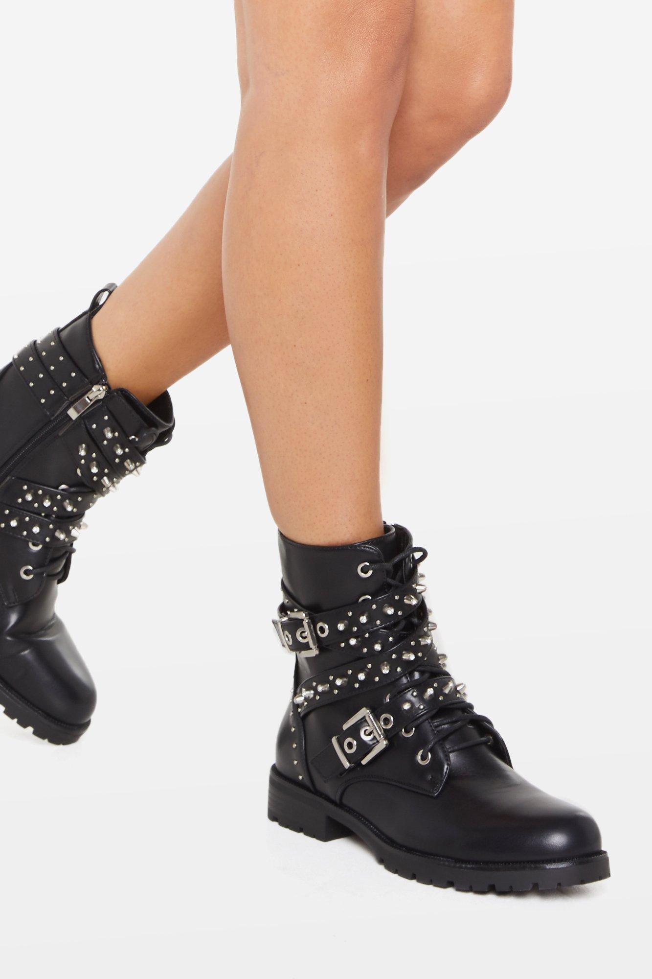 Nasty Gal Studded Lace Up Biker Boots in Black | Lyst
