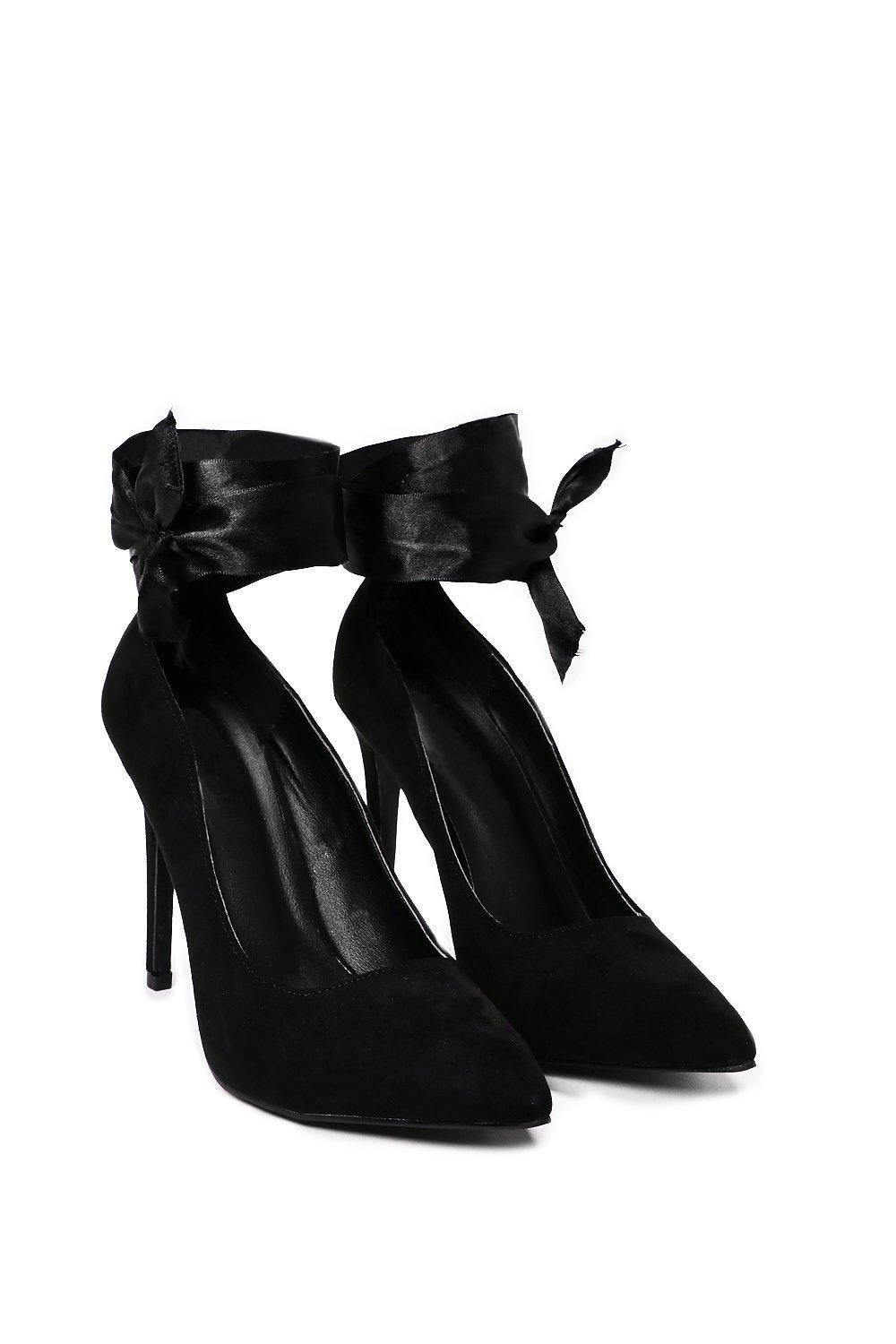 black heels with ribbon ankle tie
