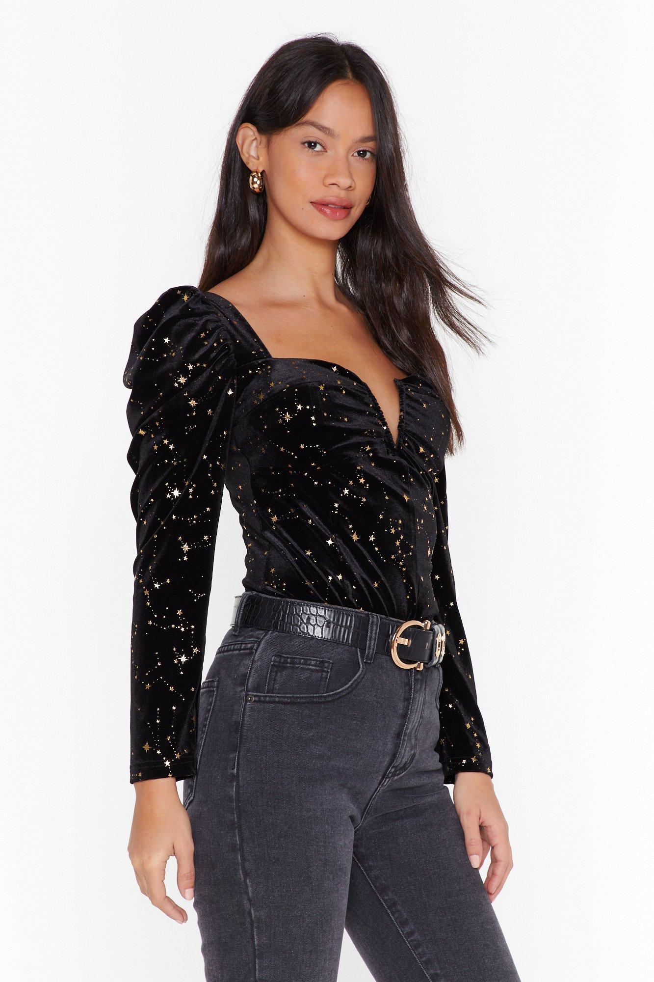 Black velvet puff sleeve top Clearance