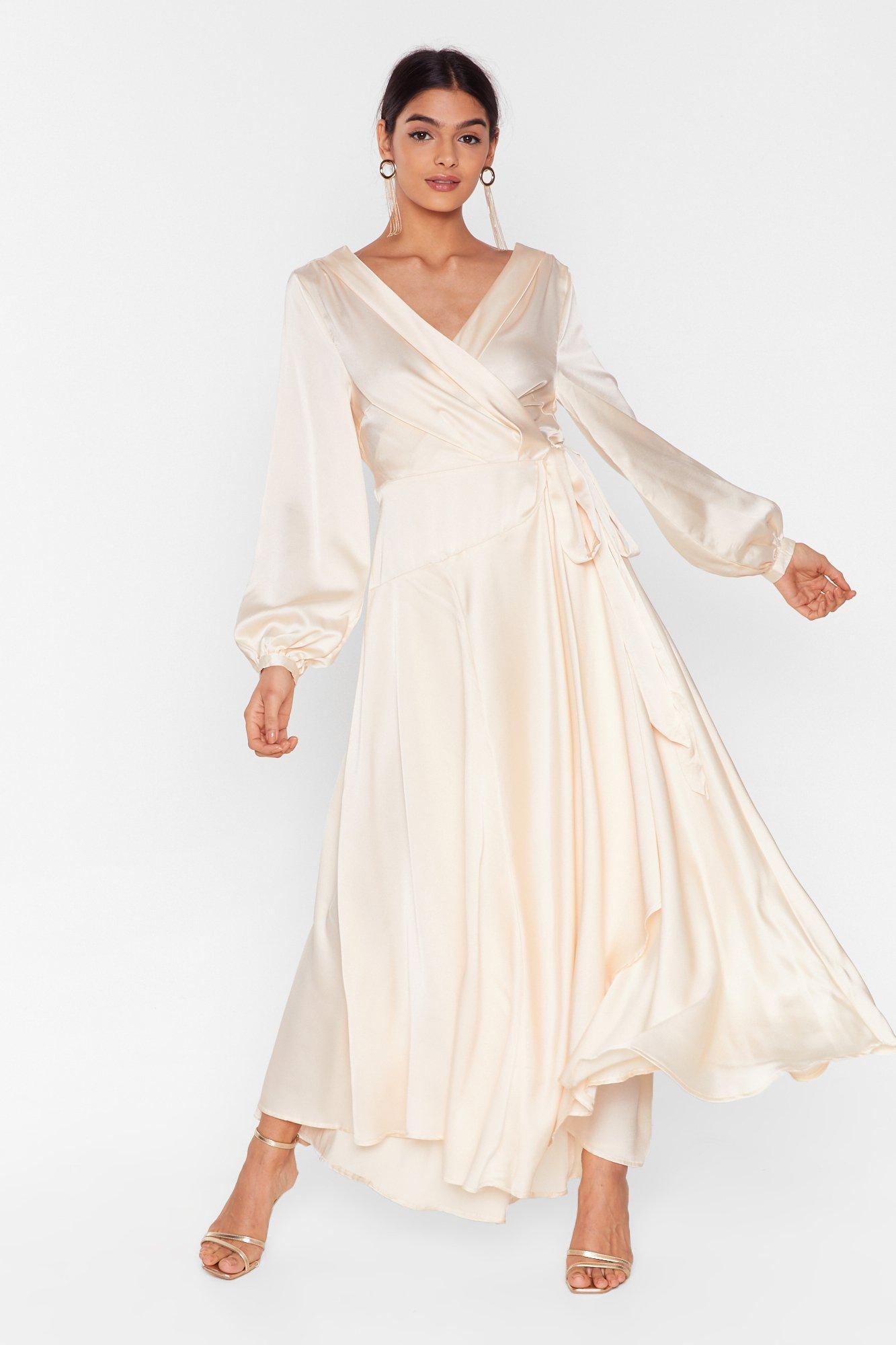 Satin Long Sleeve Cowl Back Maxi Dress 