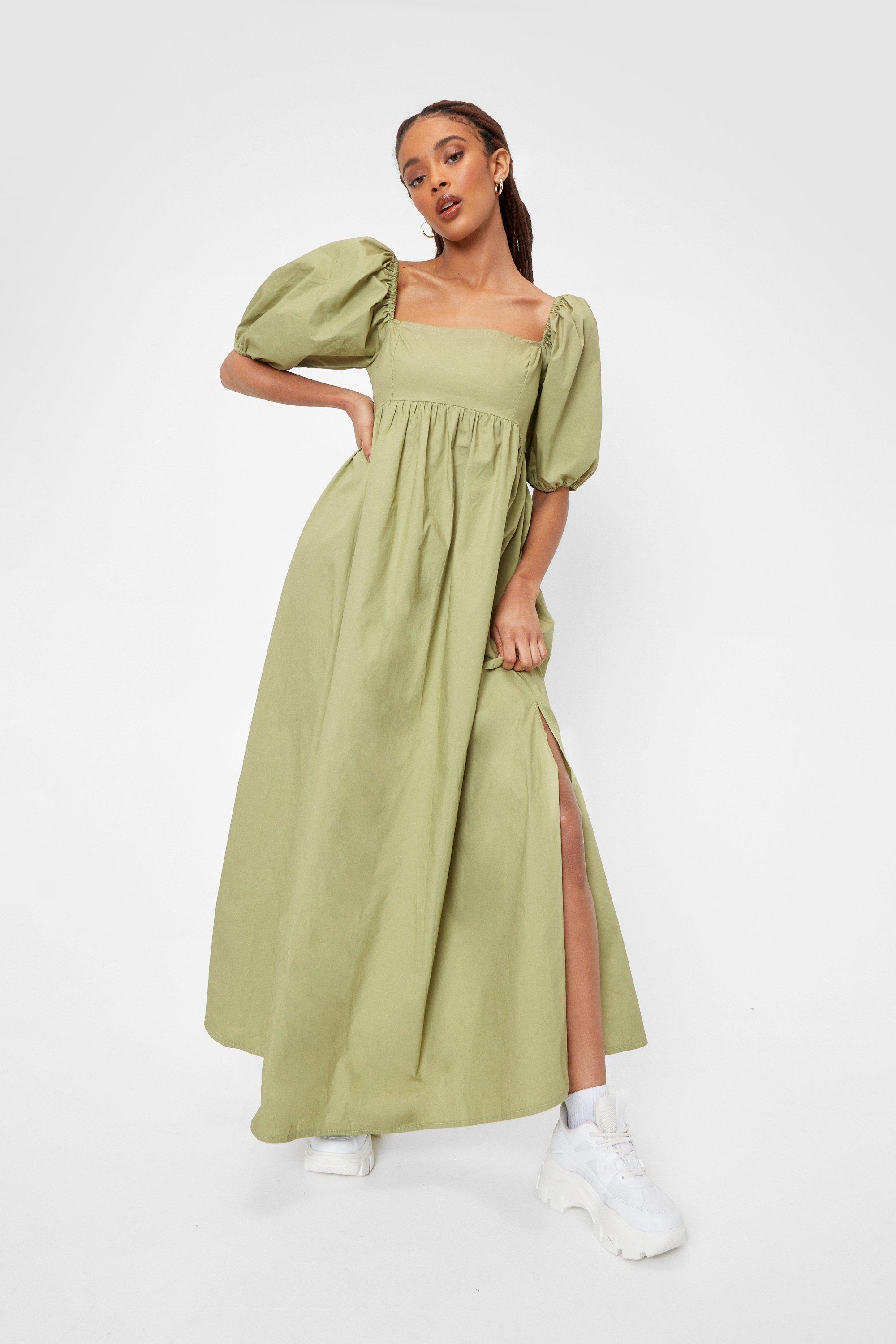 Nasty Gal Shirred Puff Sleeve Square Neck Maxi Dress in Green | Lyst