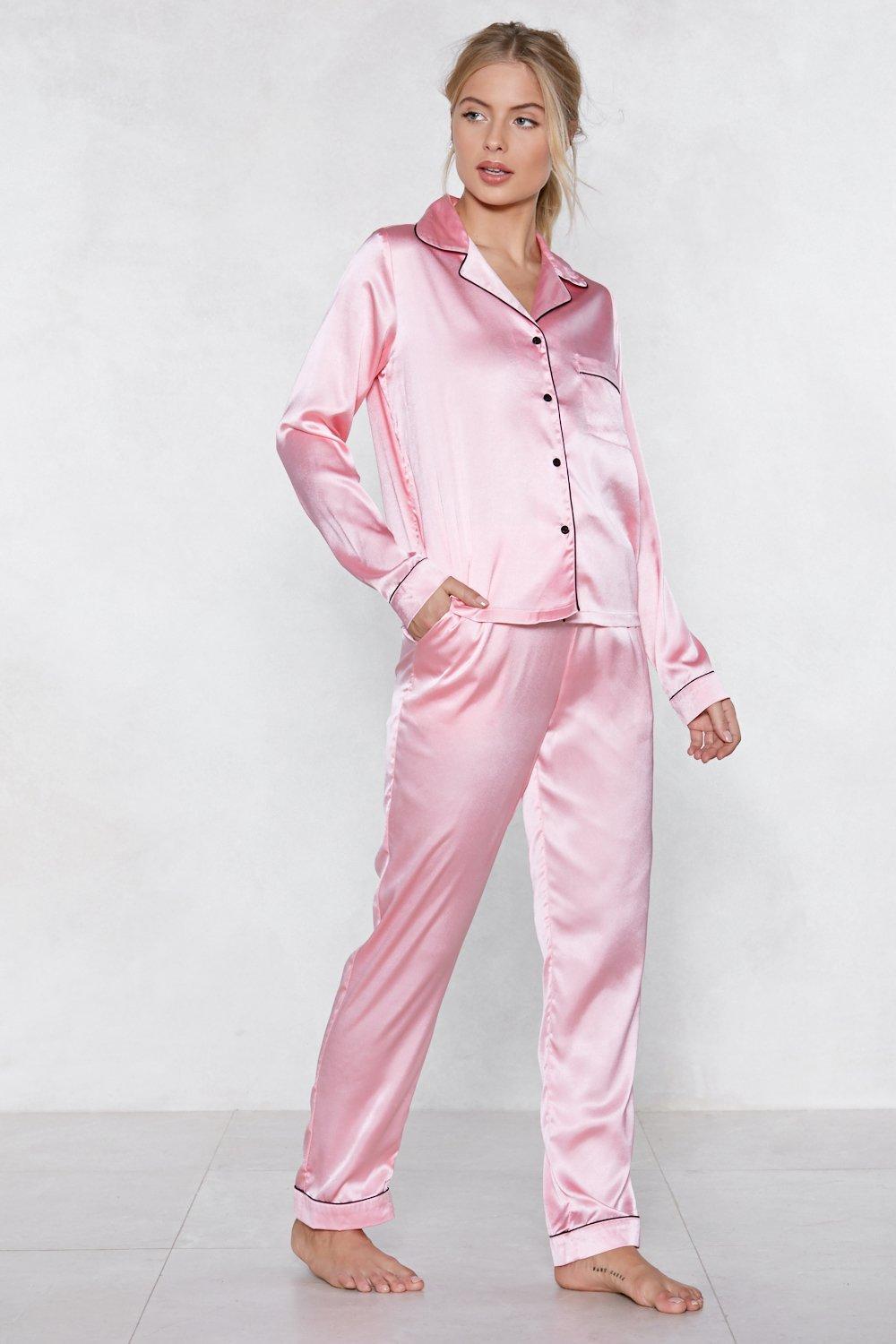 Nasty Gal Satin Sleep It Off Pajama Top And Pants Set in Pink - Lyst