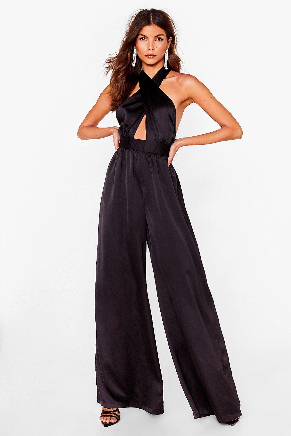 black satin wide leg jumpsuit