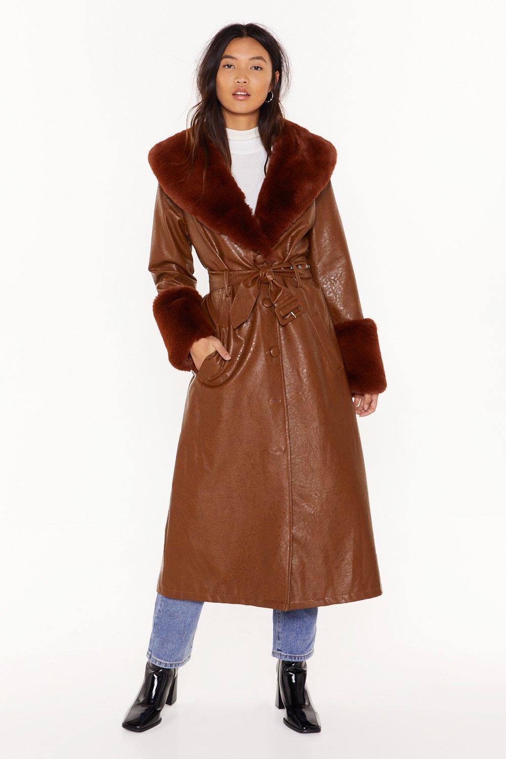 Nasty Gal I'm That Girl Faux Fur Collar Trench Coat in Brown | Lyst