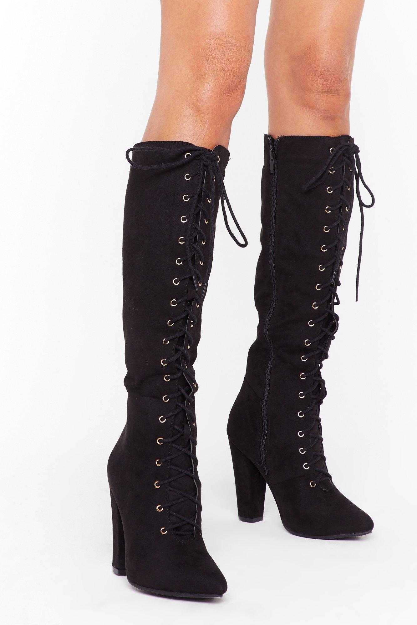 Nasty Gal "lace-up The Ante Faux Suede Knee-high Boots " in Black | Lyst