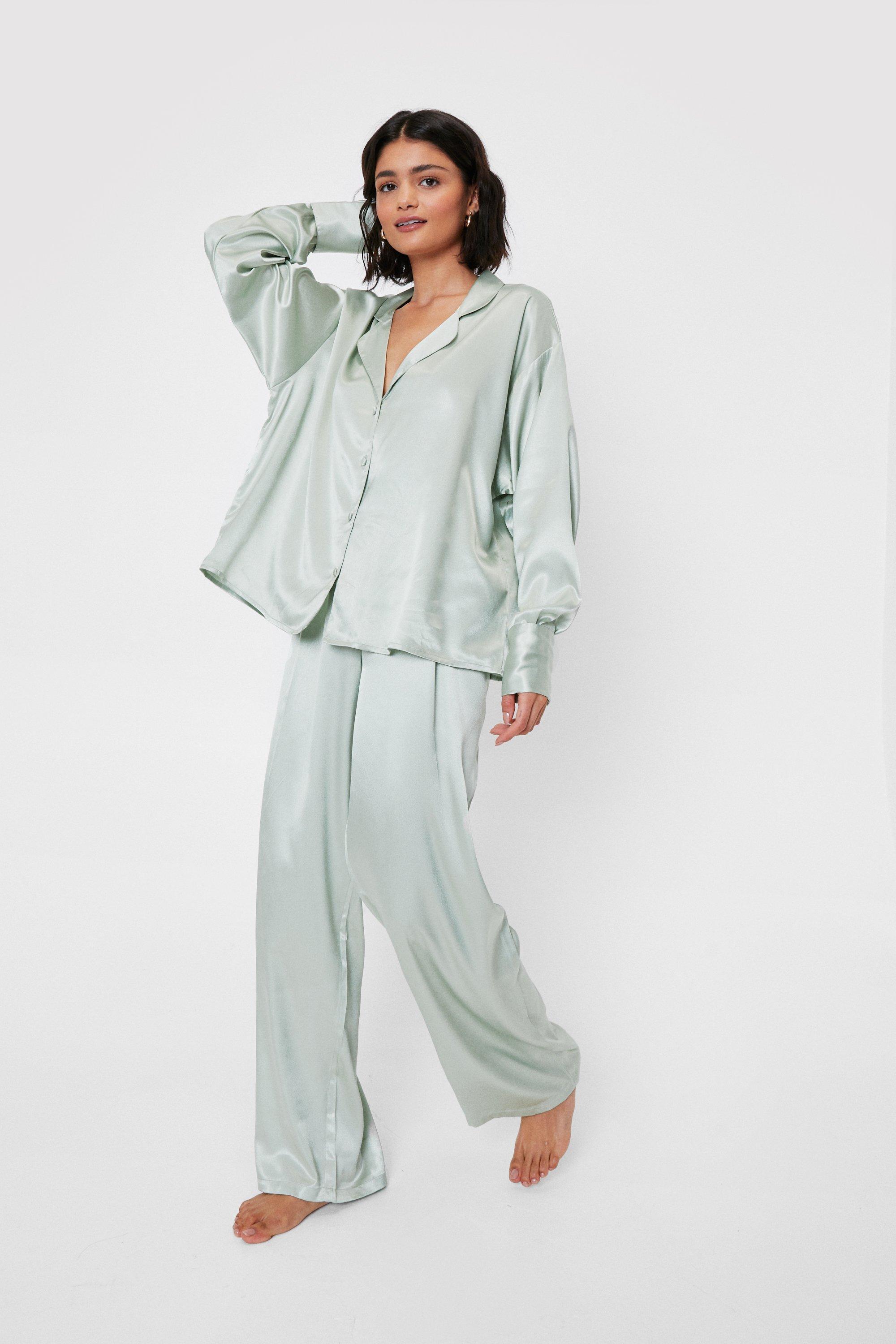 Nasty Gal Satin 3 Pc Shirt Pants And Scrunchie Pajama Set in Green - Lyst