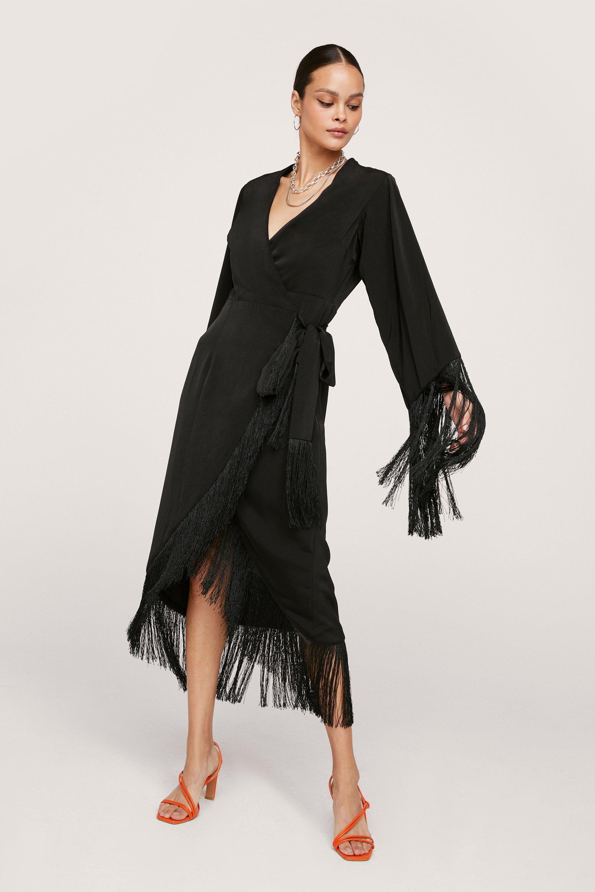 Nasty Gal Wrap Fringe Detail Midi Dress in Black | Lyst