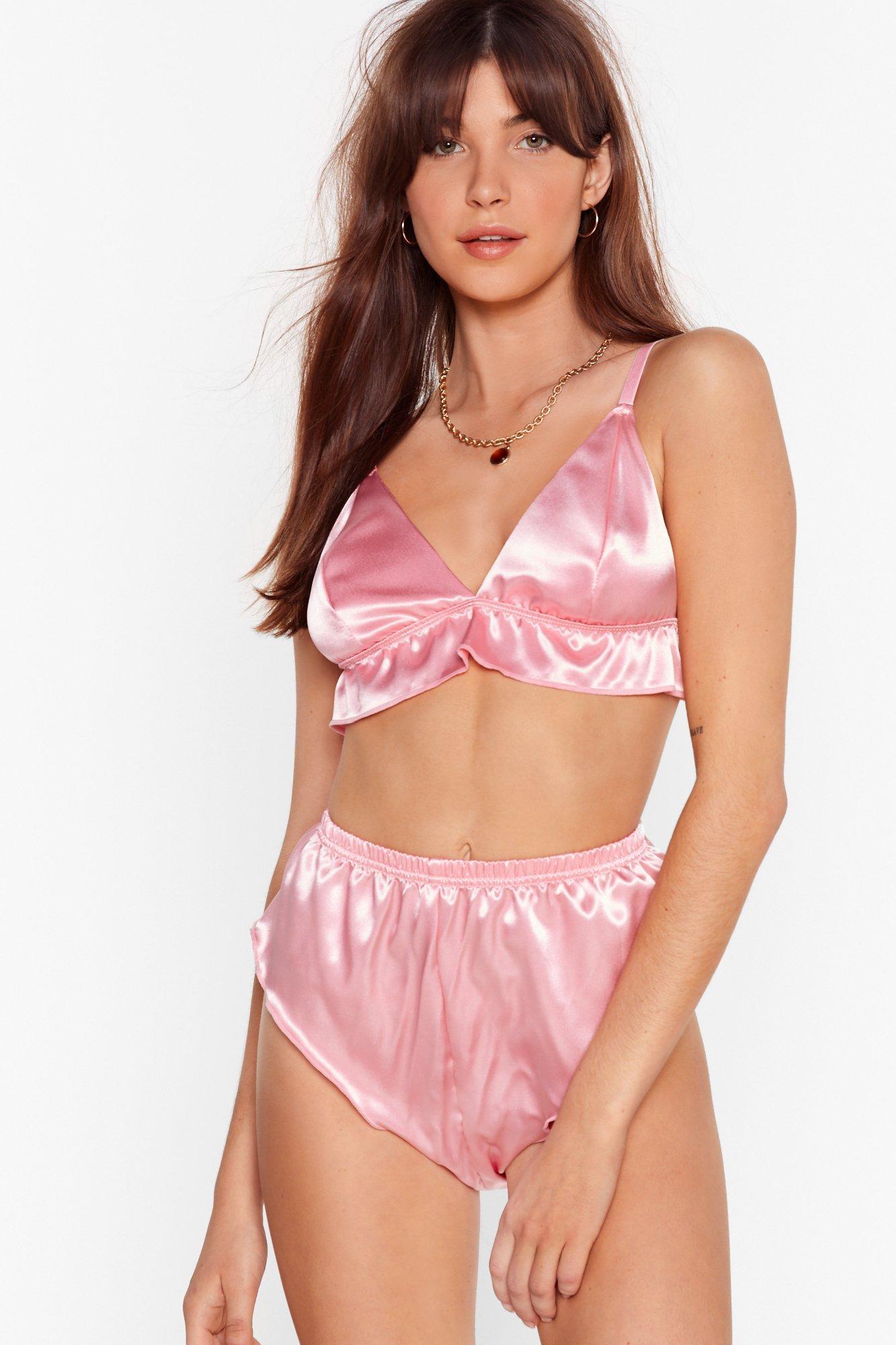 Nasty Gal Satin Ruffle Bralette And Knickers Set in Pink | Lyst